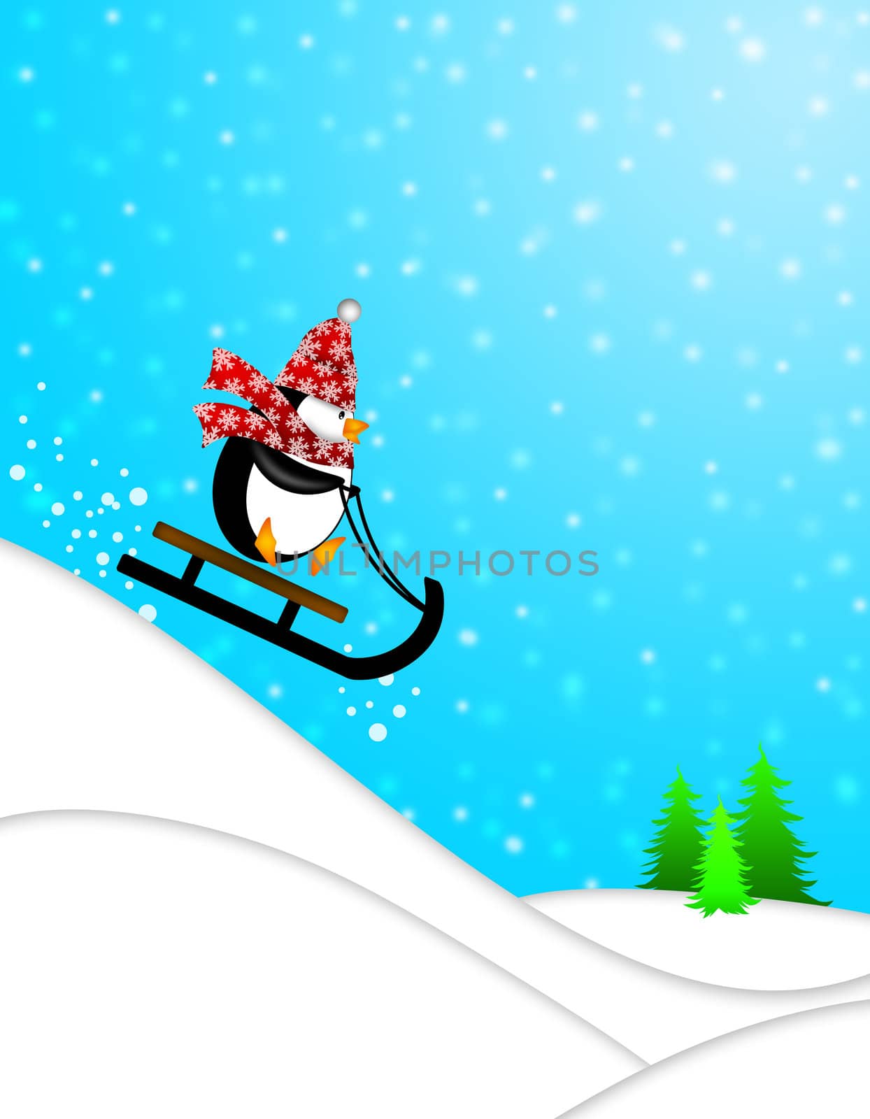 Cute Penguin with Christmas Snowflakes Scarf Riding on Sled Downhill Illustration