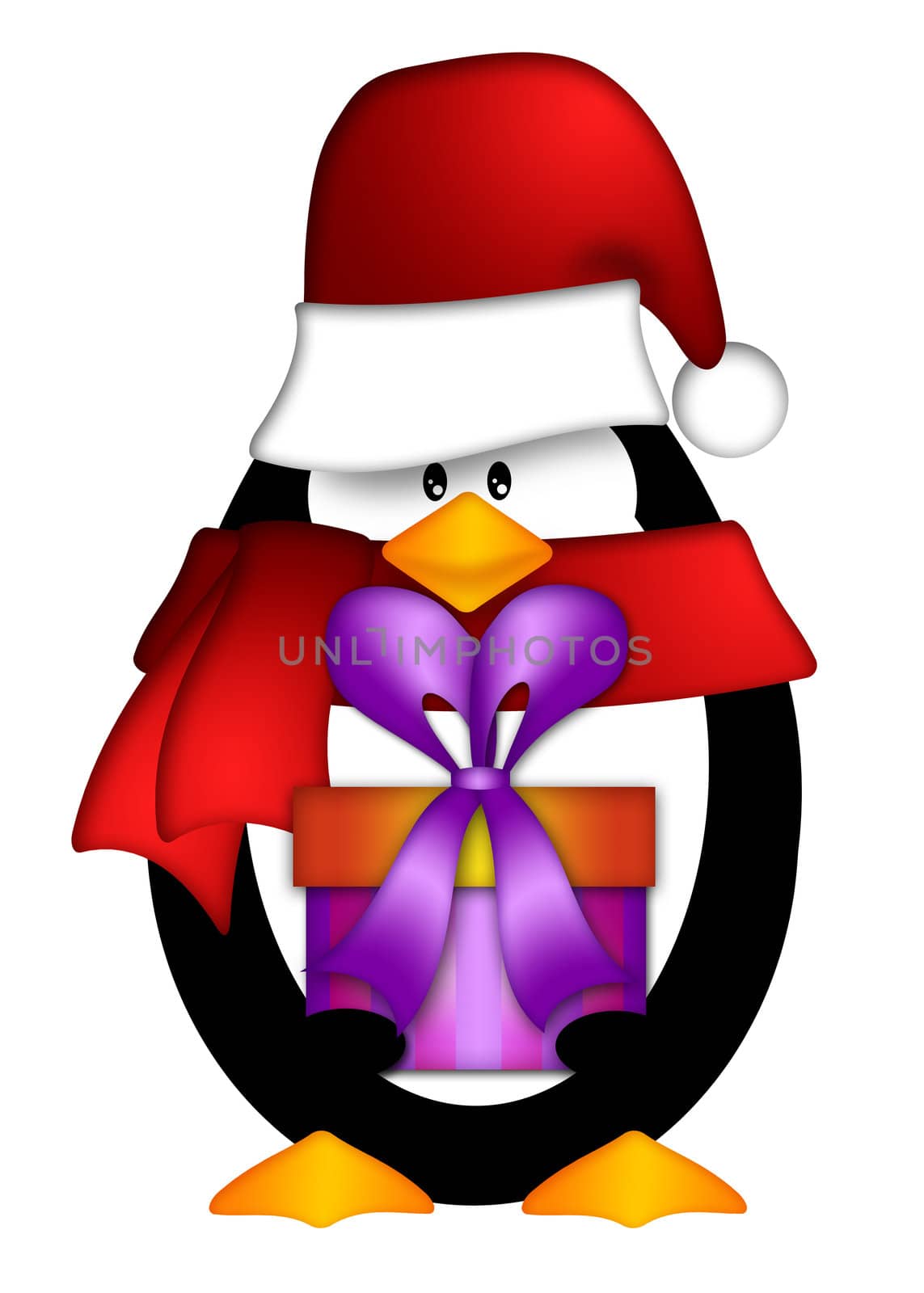 Cute Cartoon Penguin with Santa Hat and Red Scarf Holding Wrapped Present Illustration Isolated on White Background