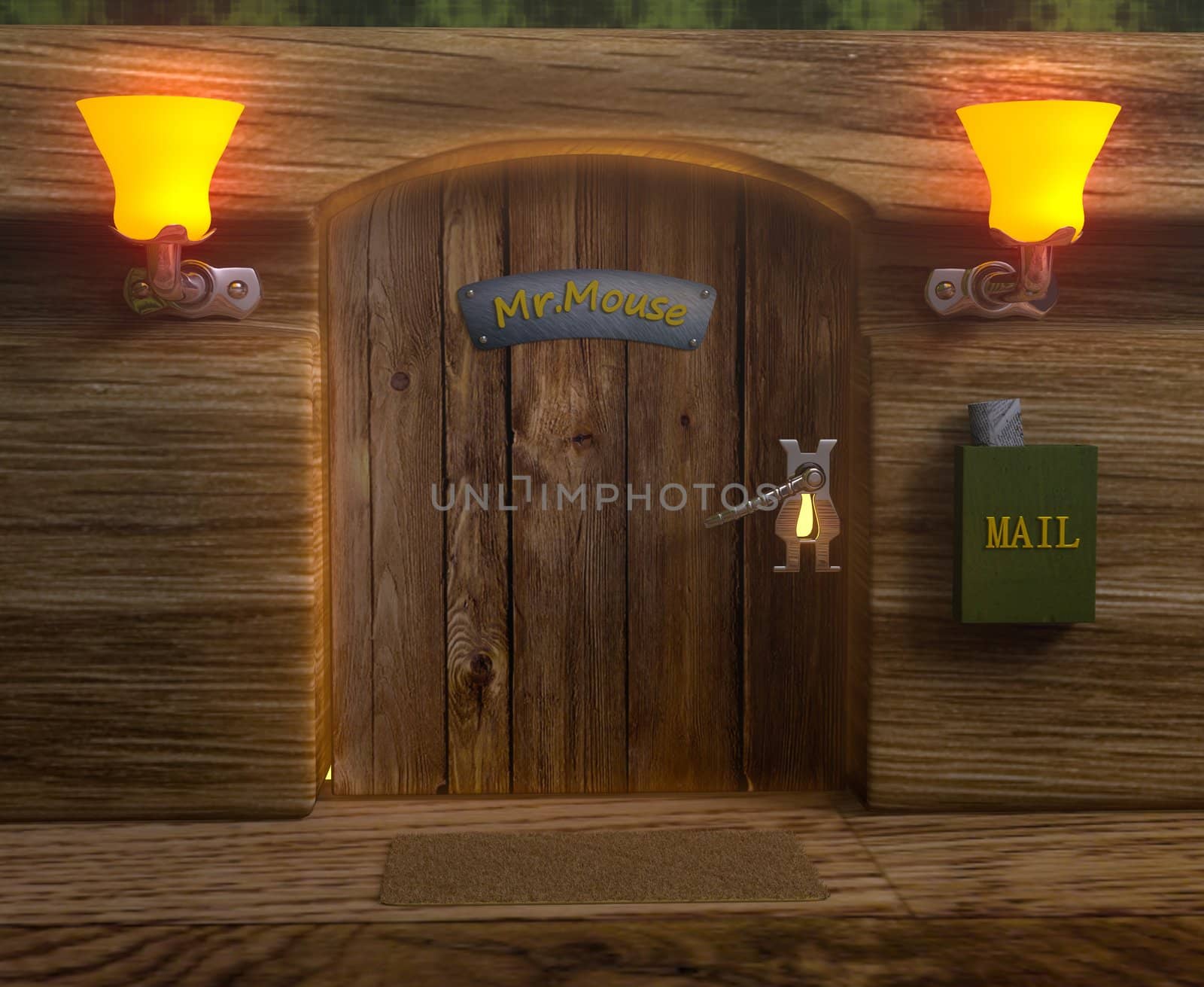 Isolated view on mister mouse home wooden door
