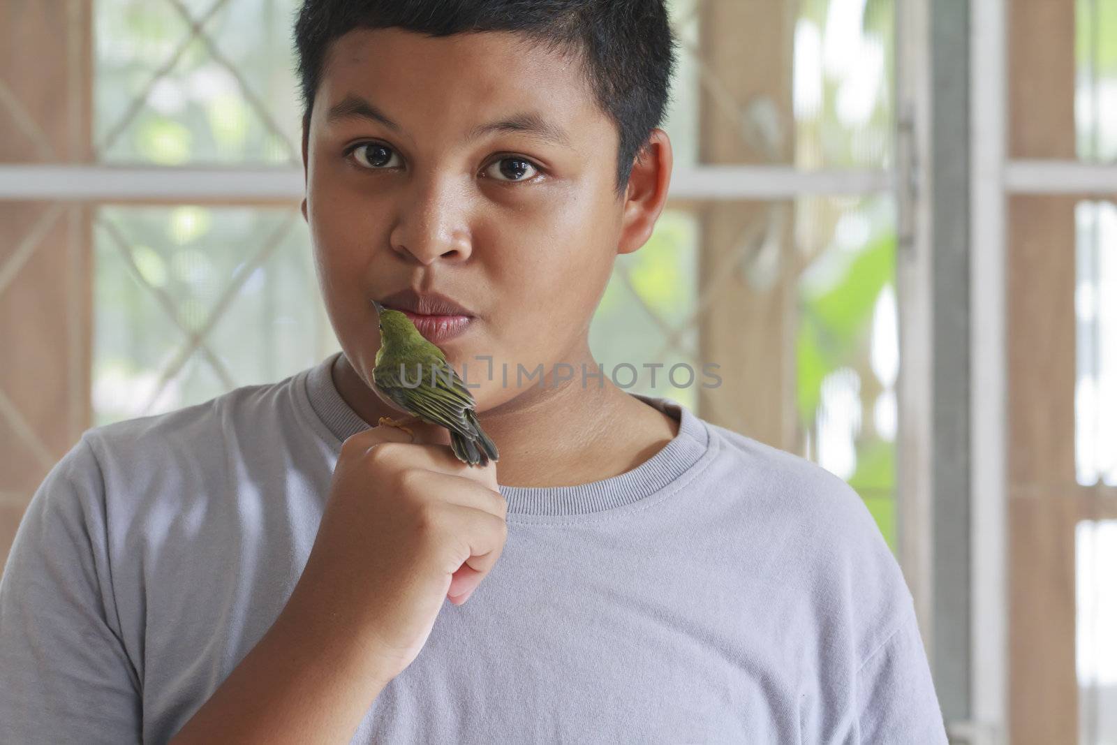 Thai boy kiss a baby bird sitting on his finger