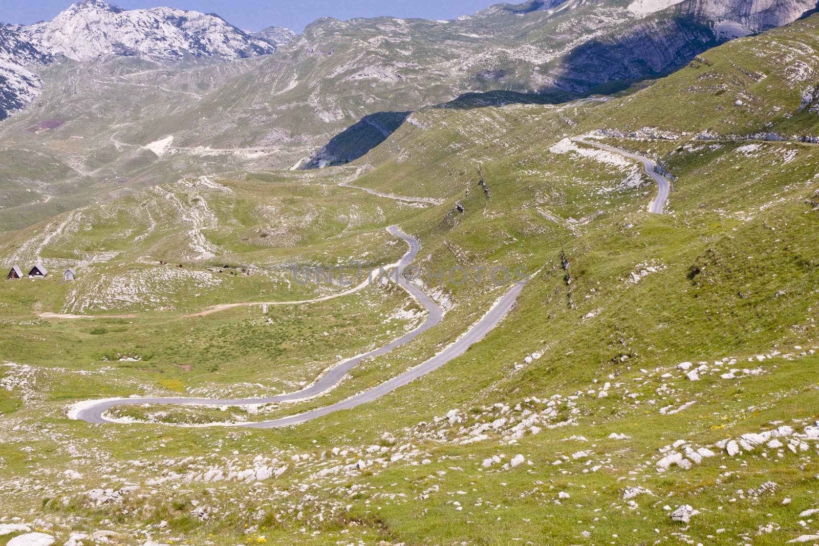 Hairpin road in Montenegro, aerial view. Durmitor National Park.