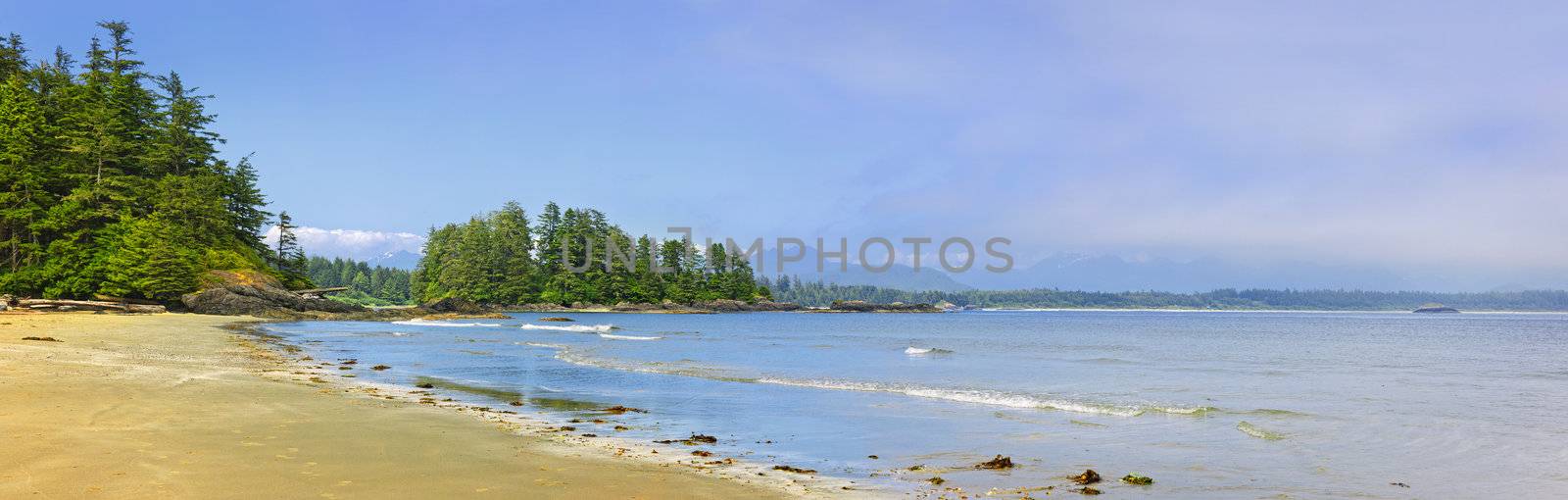 Panoramic view of Long Beach shore in Pacific Rim National park, Canada