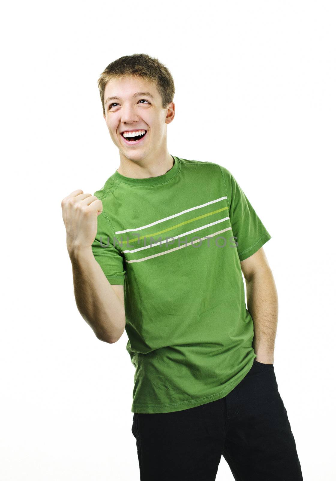 Excited energetic young man gesturing success isolated on white background