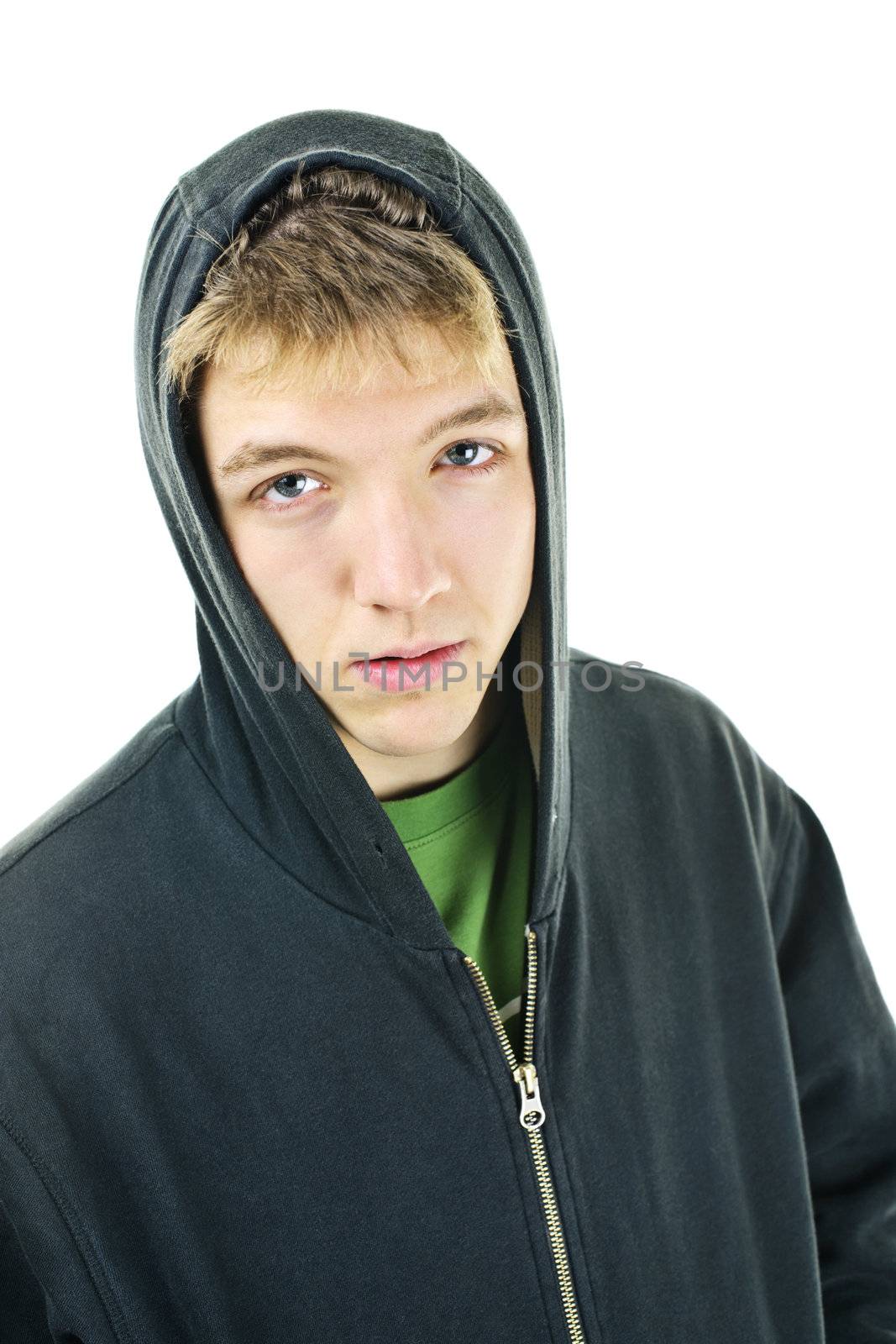 Young man with attitude wearing hoodie isolated on white background