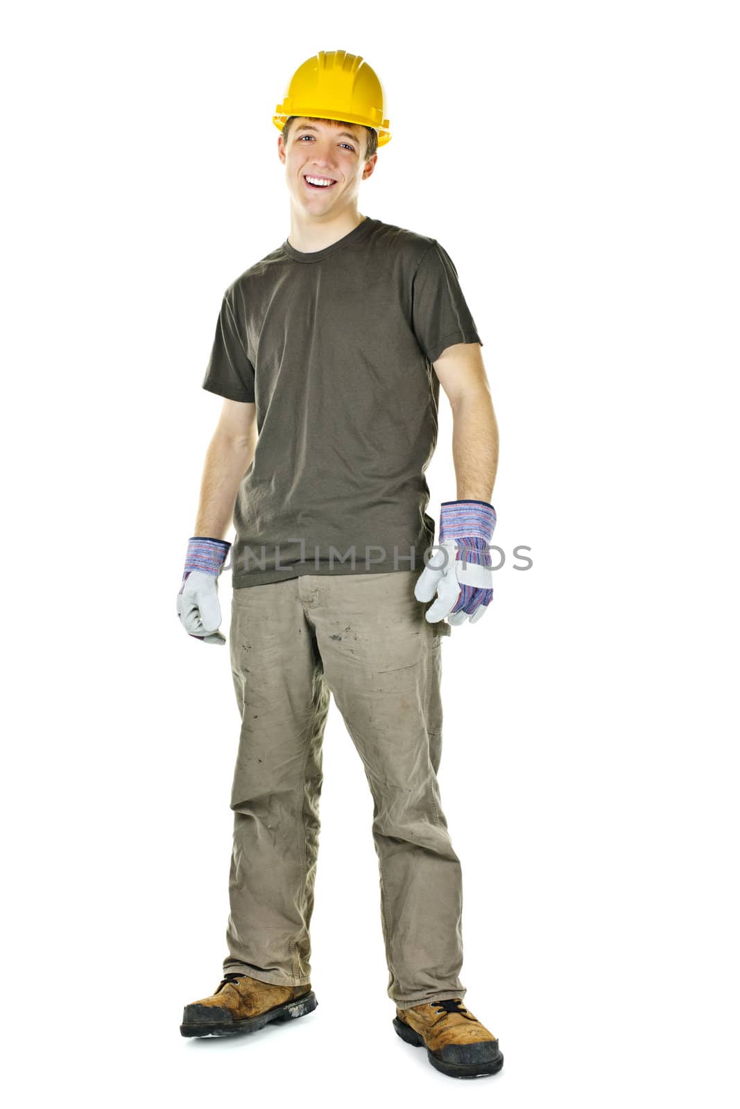 Happy construction worker with hard hat full body standing isolated on white background