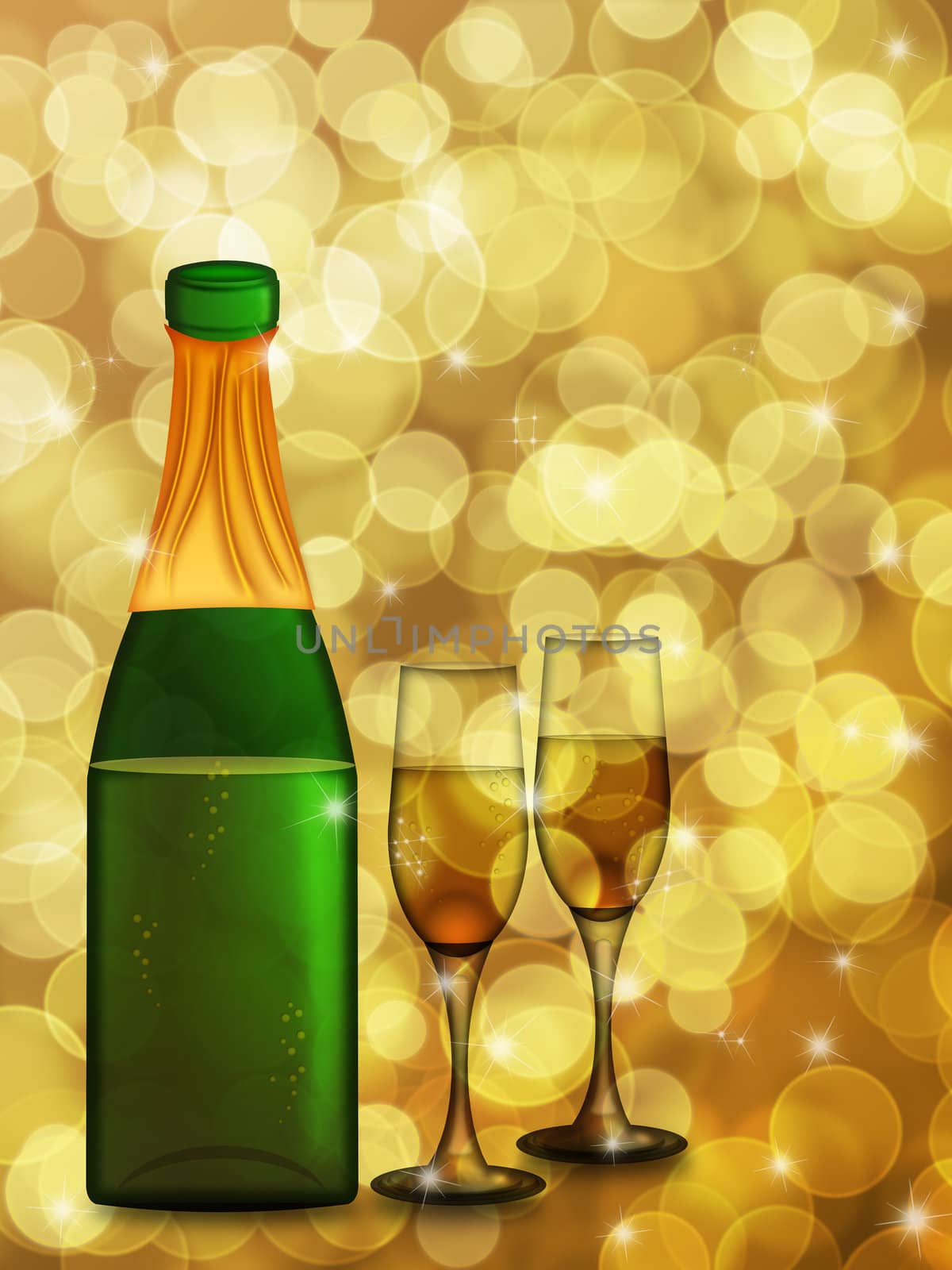Champagne Bottle with Two Glass Flutes on Blurred Background Illustration