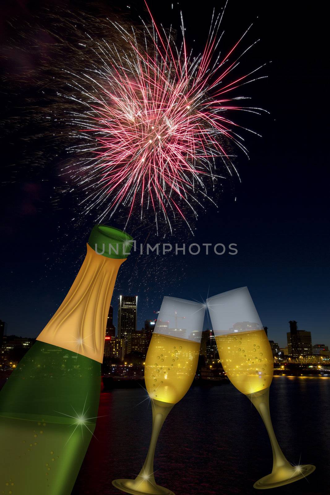 Champagne Toast Bottle and Glass Flutes with Portland Oregon City Skyline and Fireworks Illustration