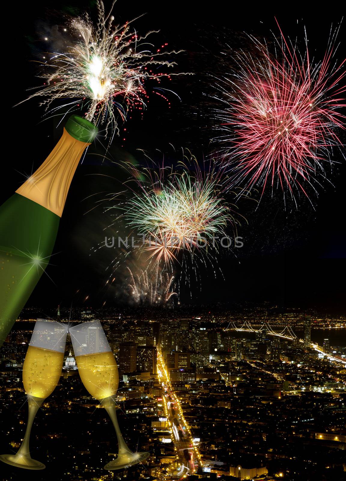 Champagne Toast Bottle and Glass Flutes with San Francisco California City Skyline and Fireworks at Night