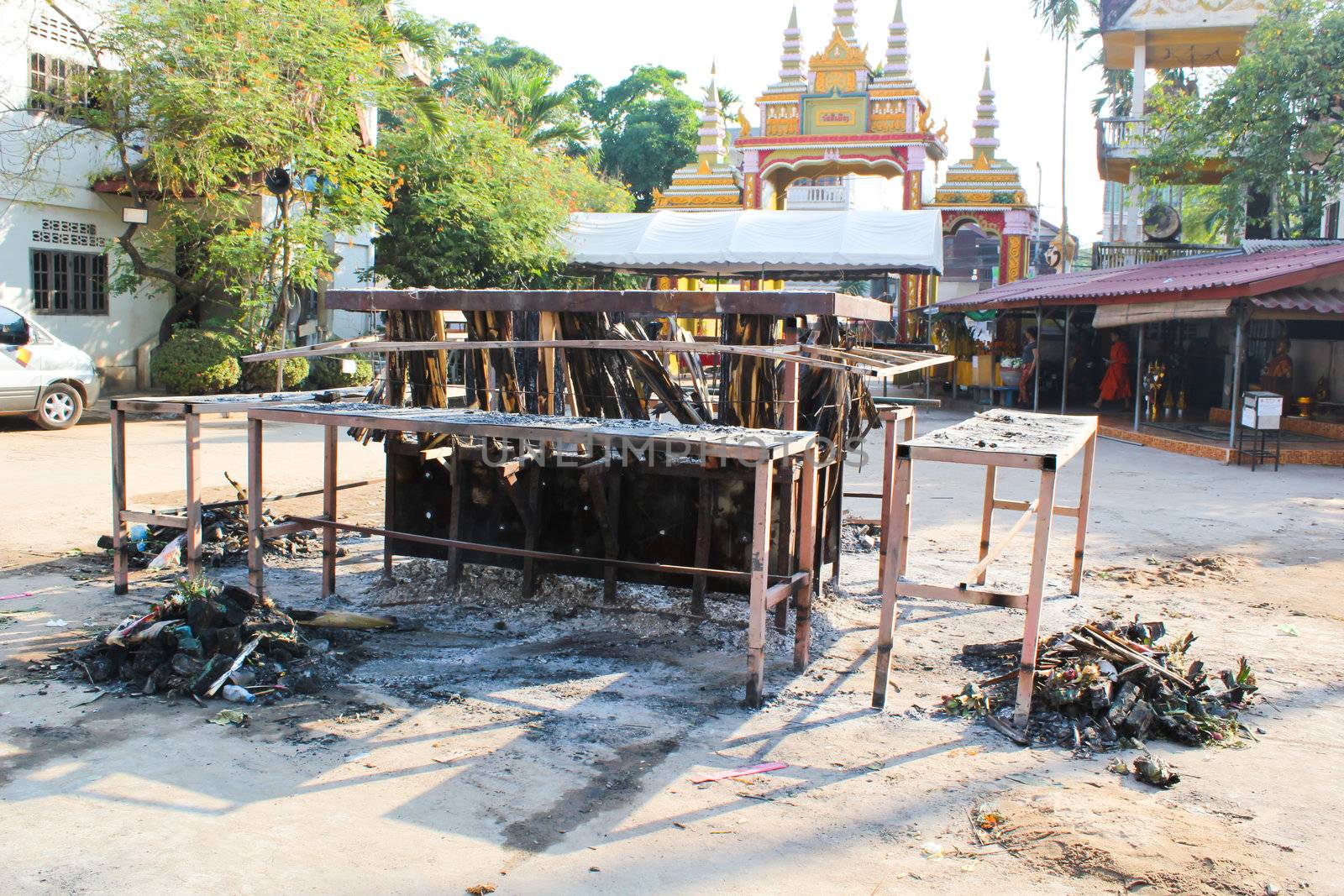 outdoor crematorium in Laos temple