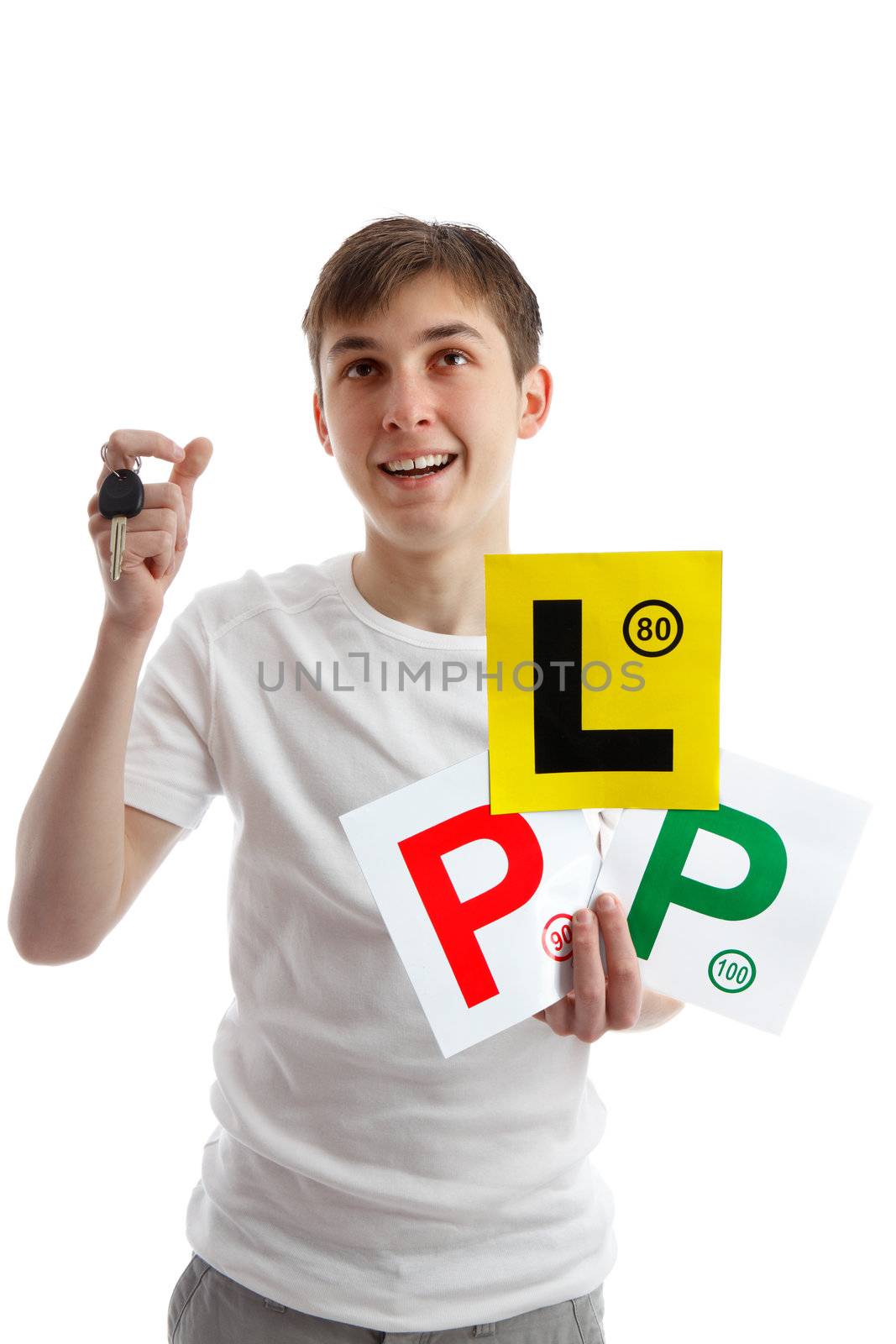 Teenager holding driving licence L and P plates for car.  He is also holding a car key and looking up at your messasge.  