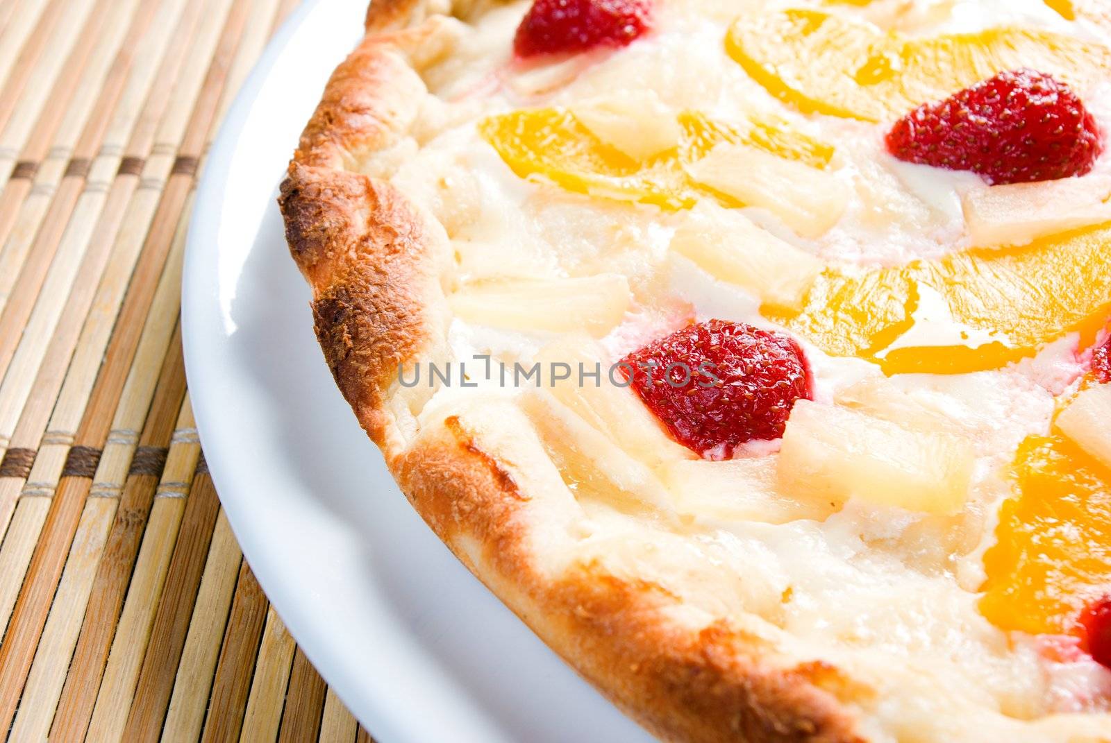 sweet pizza with fruit,Tasty Italian pizza  on plate  close up