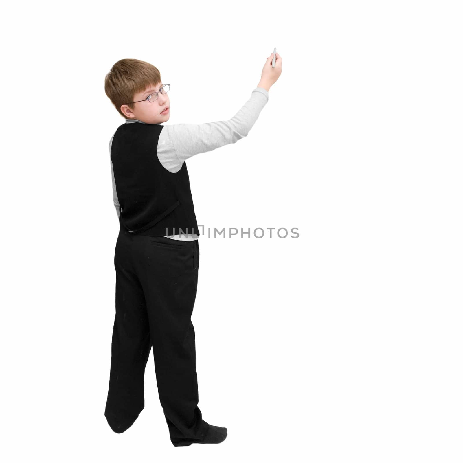 schoolboy with a pen on a white background