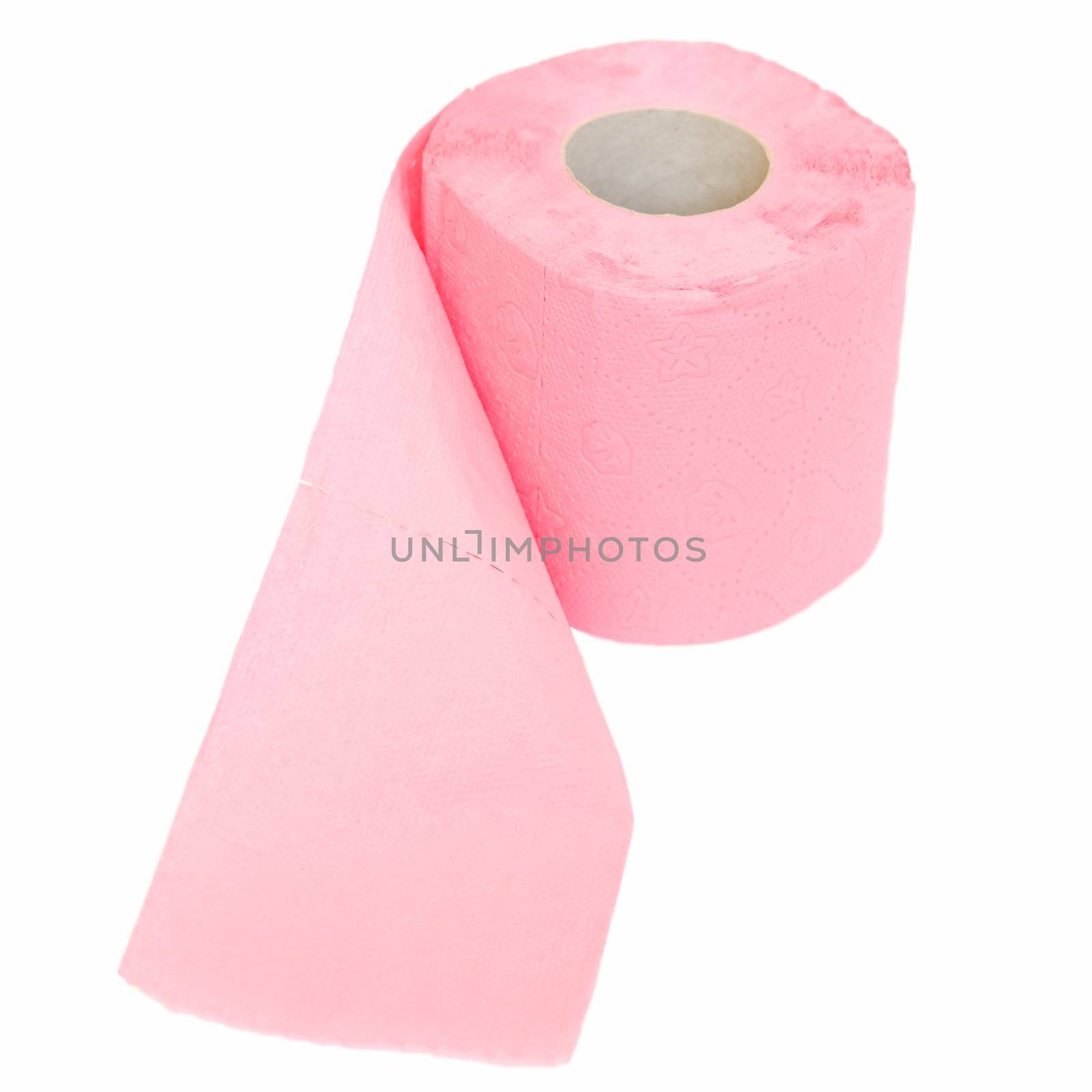 Pink toilet paper on a white background