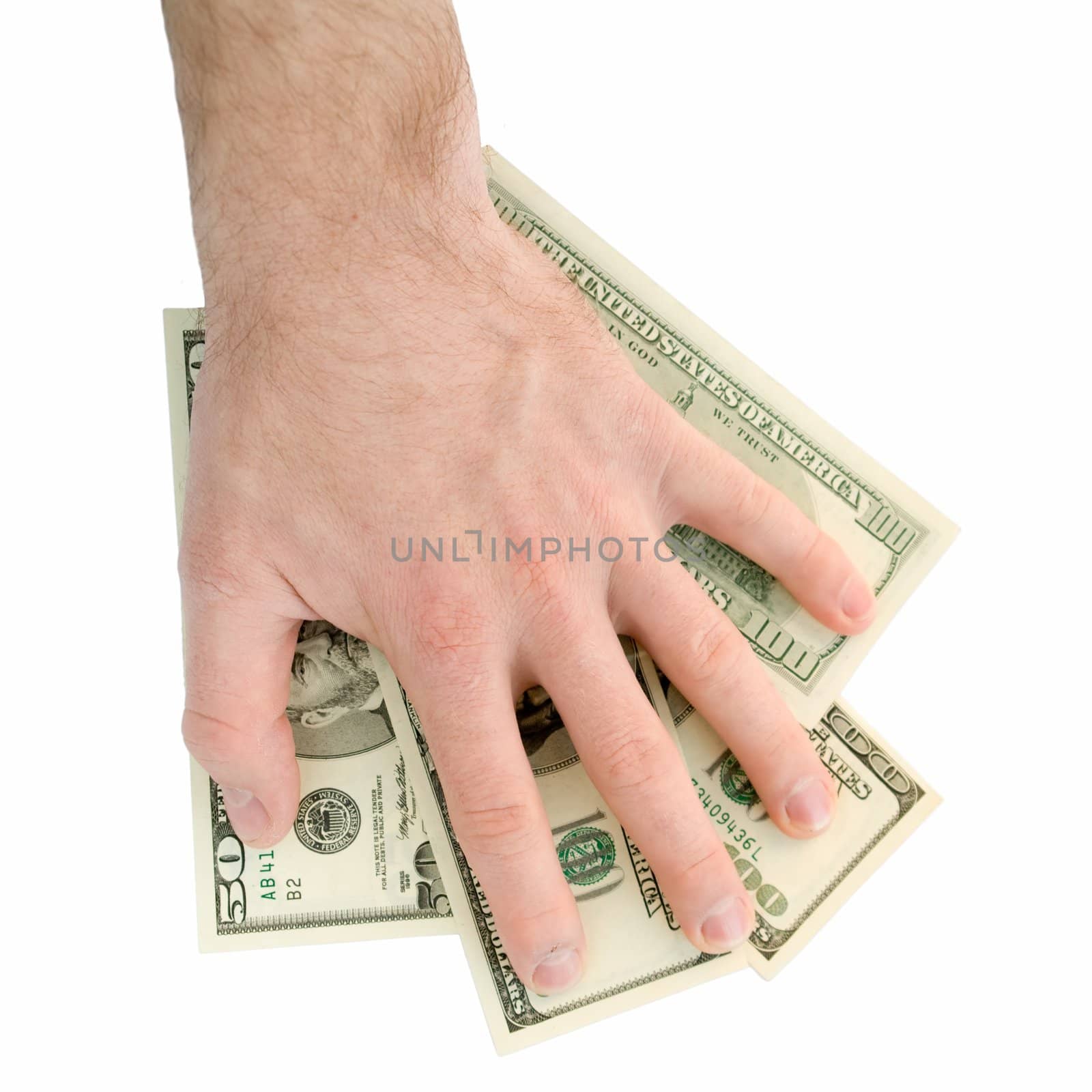 hand takes dollars on a white background