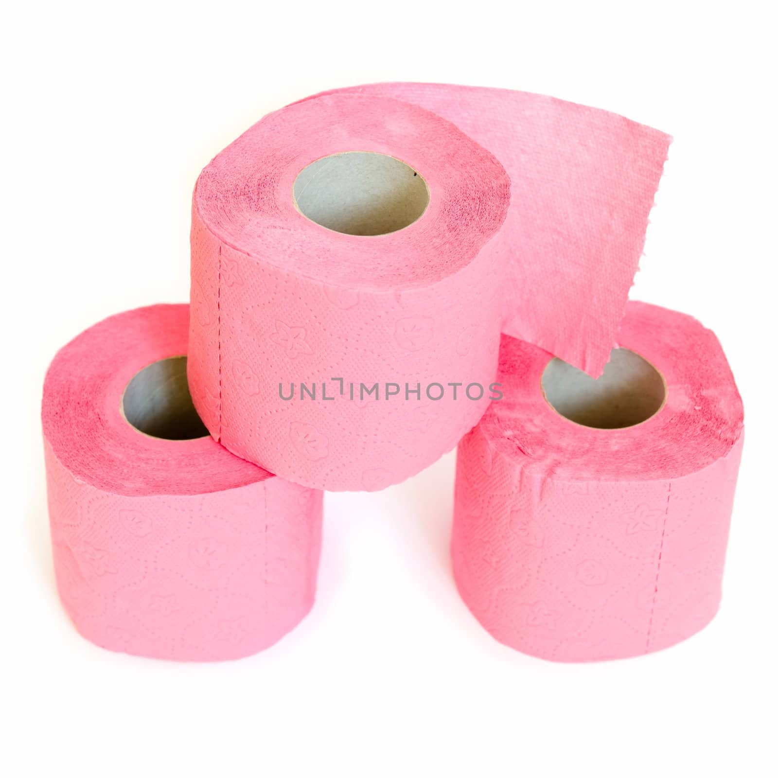 Pink toilet paper on a white background