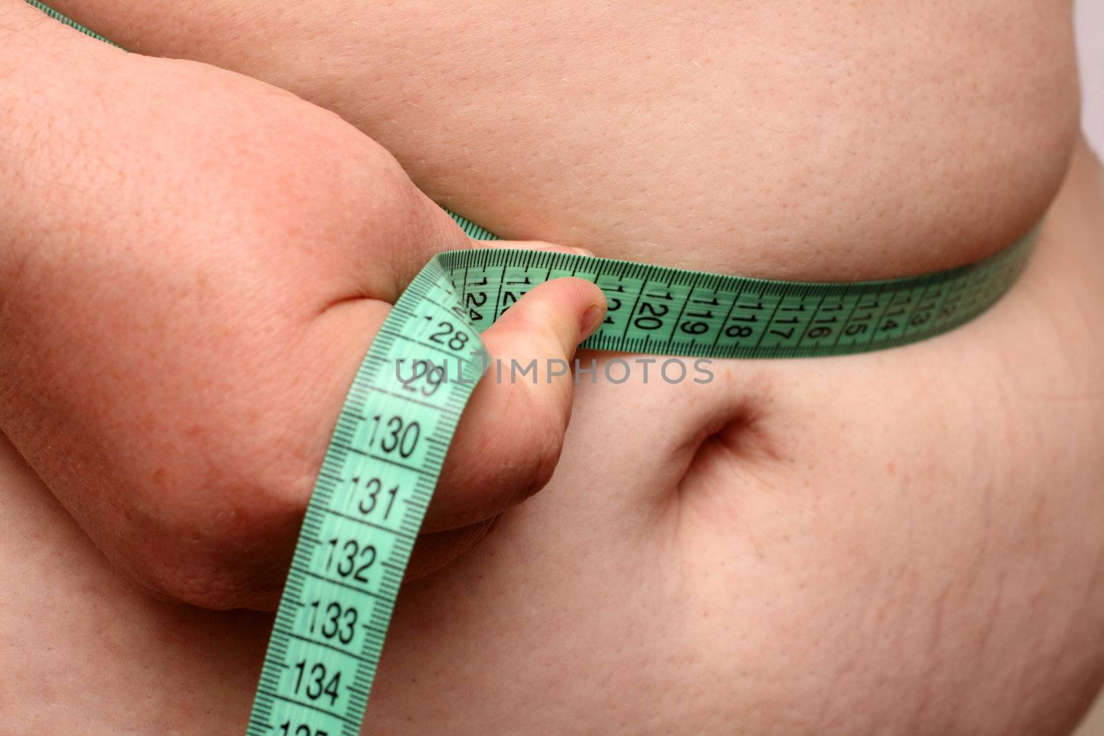 overweight women measure her stomach