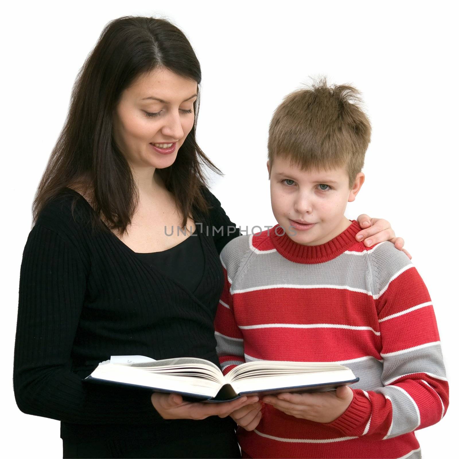 Mum and the son reads the book on a white background