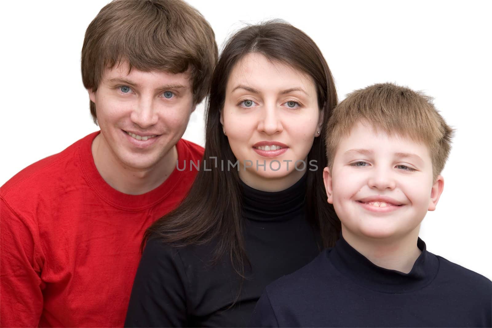 Smiling family on a white background.