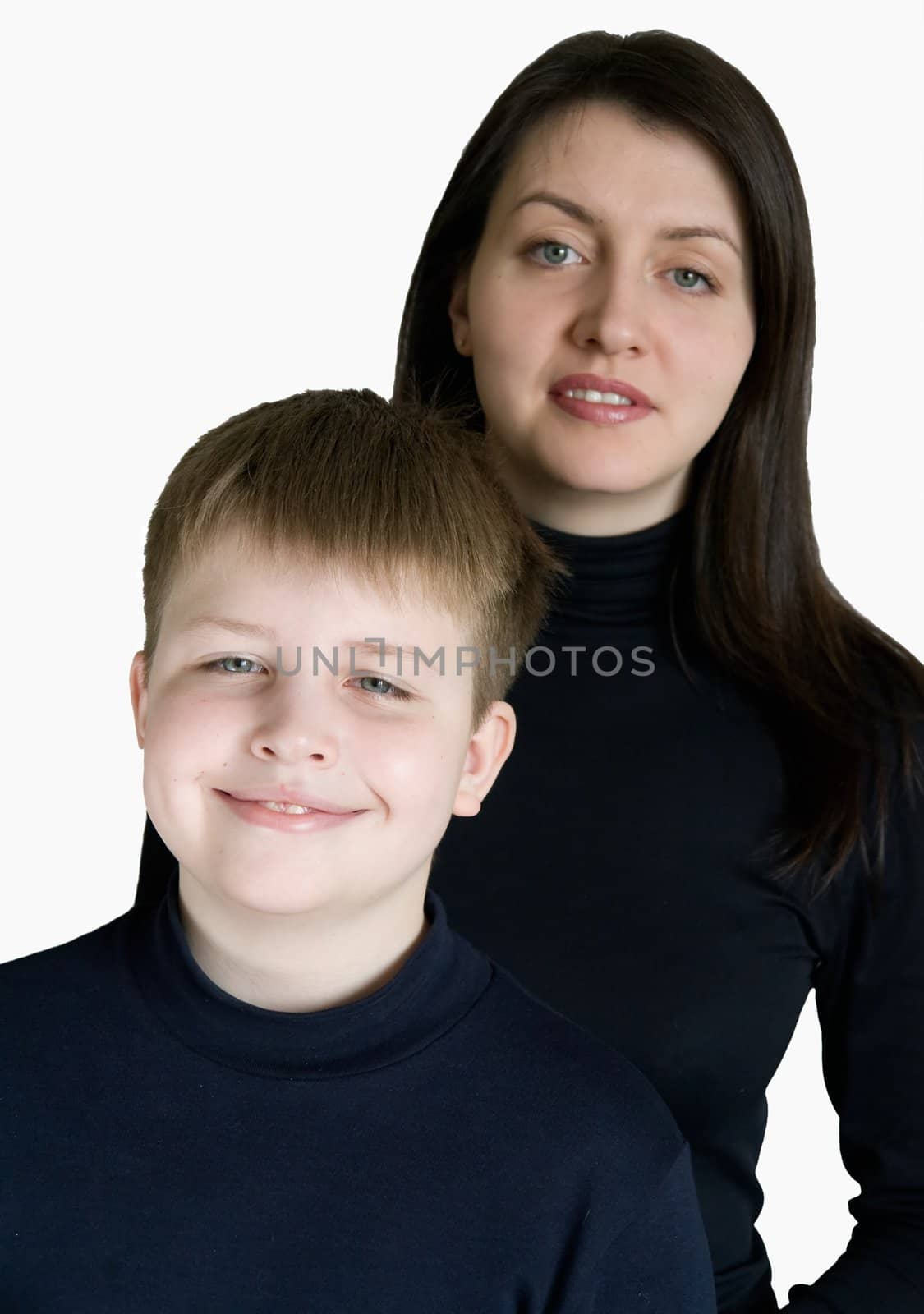 Smiling family. Mum and the son on a white background.