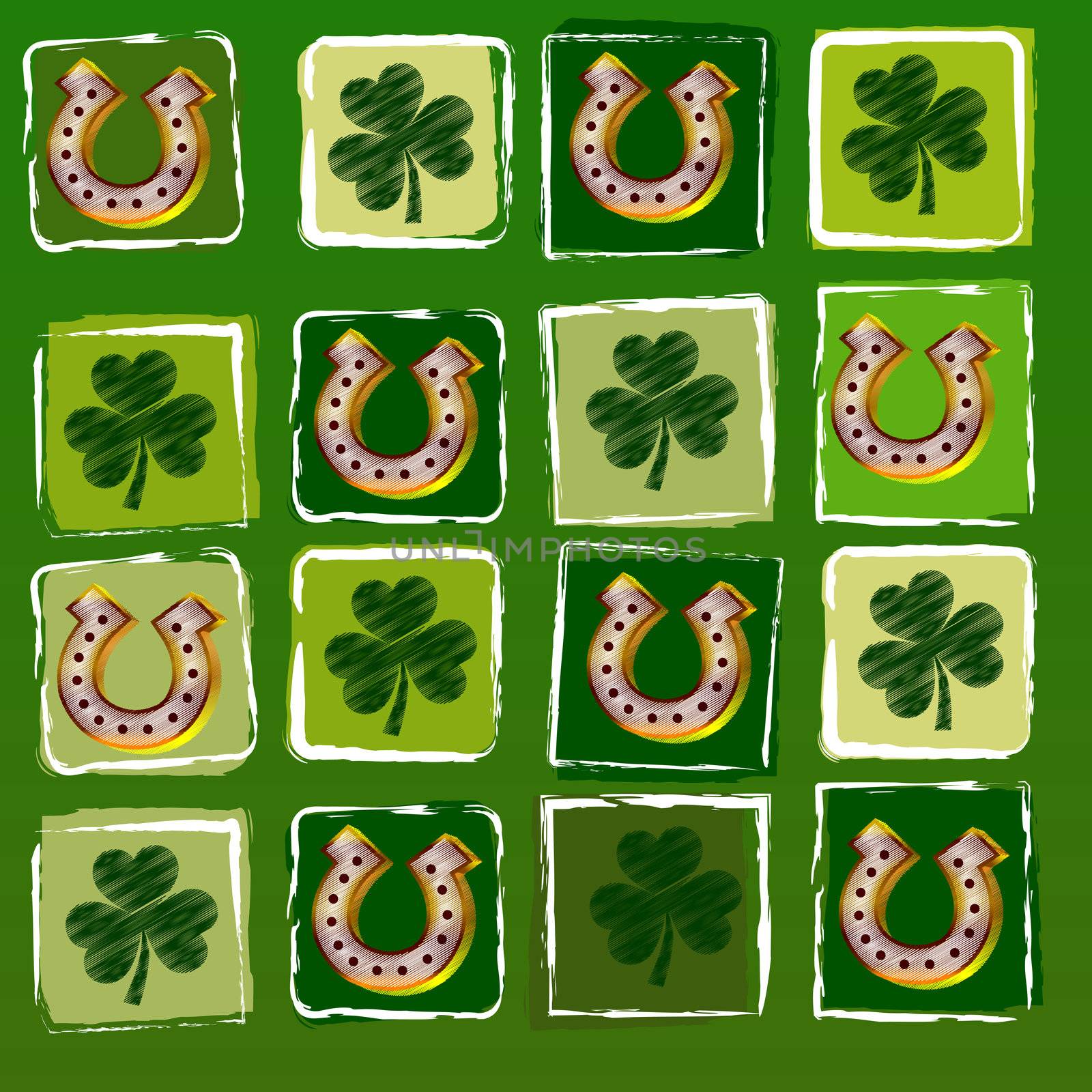 striped horseshoes and shamrocks in squares over green background, St. Patrick's Day concept