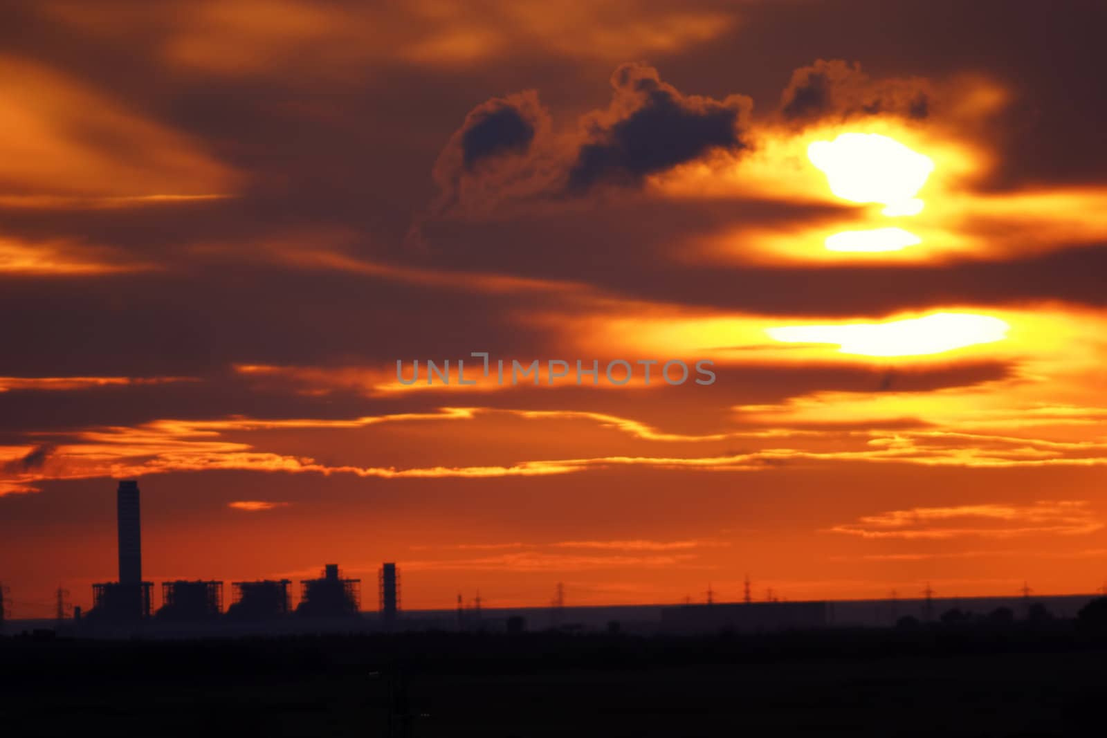 nuclear power plant, sunset, technology, energy, nature, tower silhouette landscape, sun, colors, orange, red,