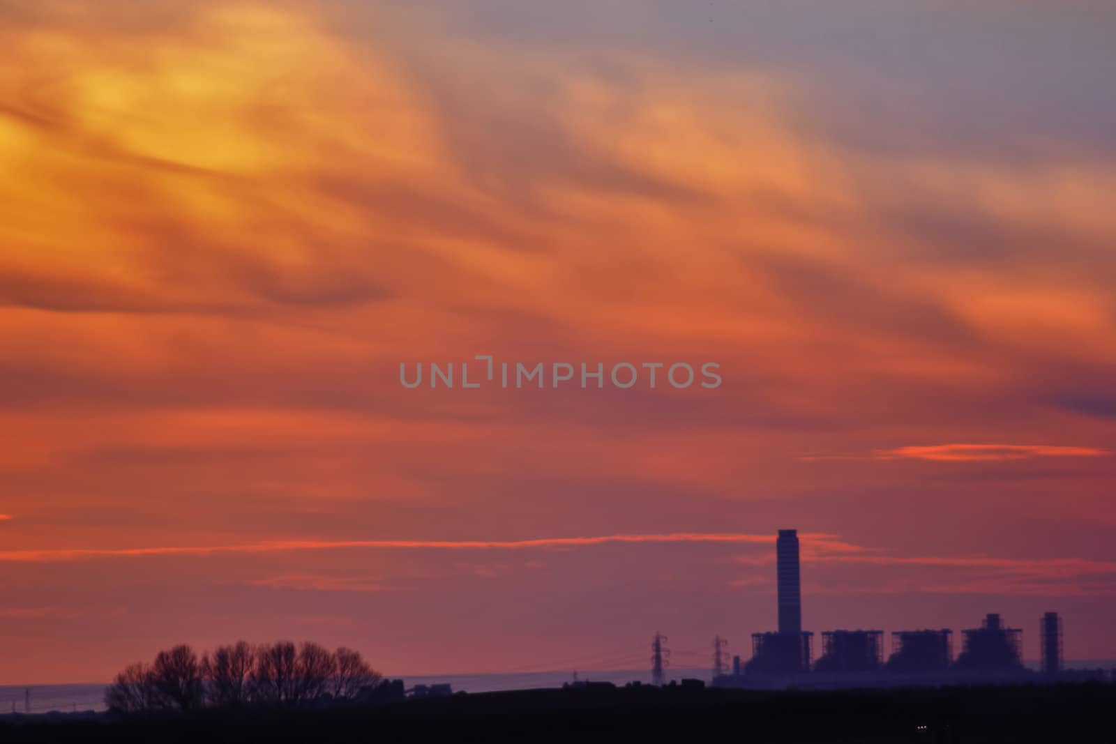 nuclear power plant, sunset, technology, energy, nature, tower silhouette landscape, sun, colors, orange, red,