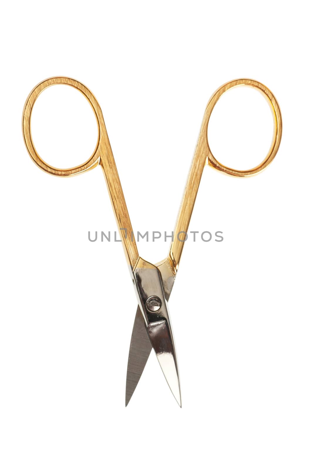 Manicure scissors with golden color handles isolated over the white