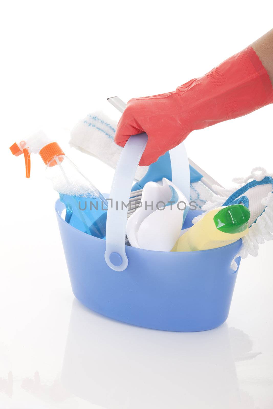 Plastic bucket with cleaning supplies on white background 