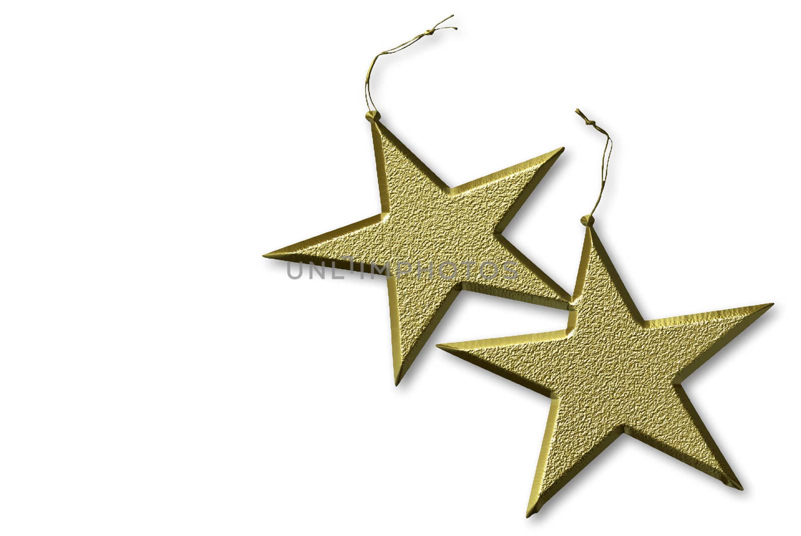 two gold stars Christmas, isolated on white background