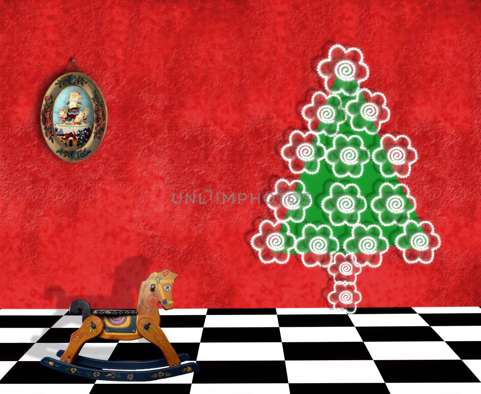 room with Christmas tree, santa picture and old toy