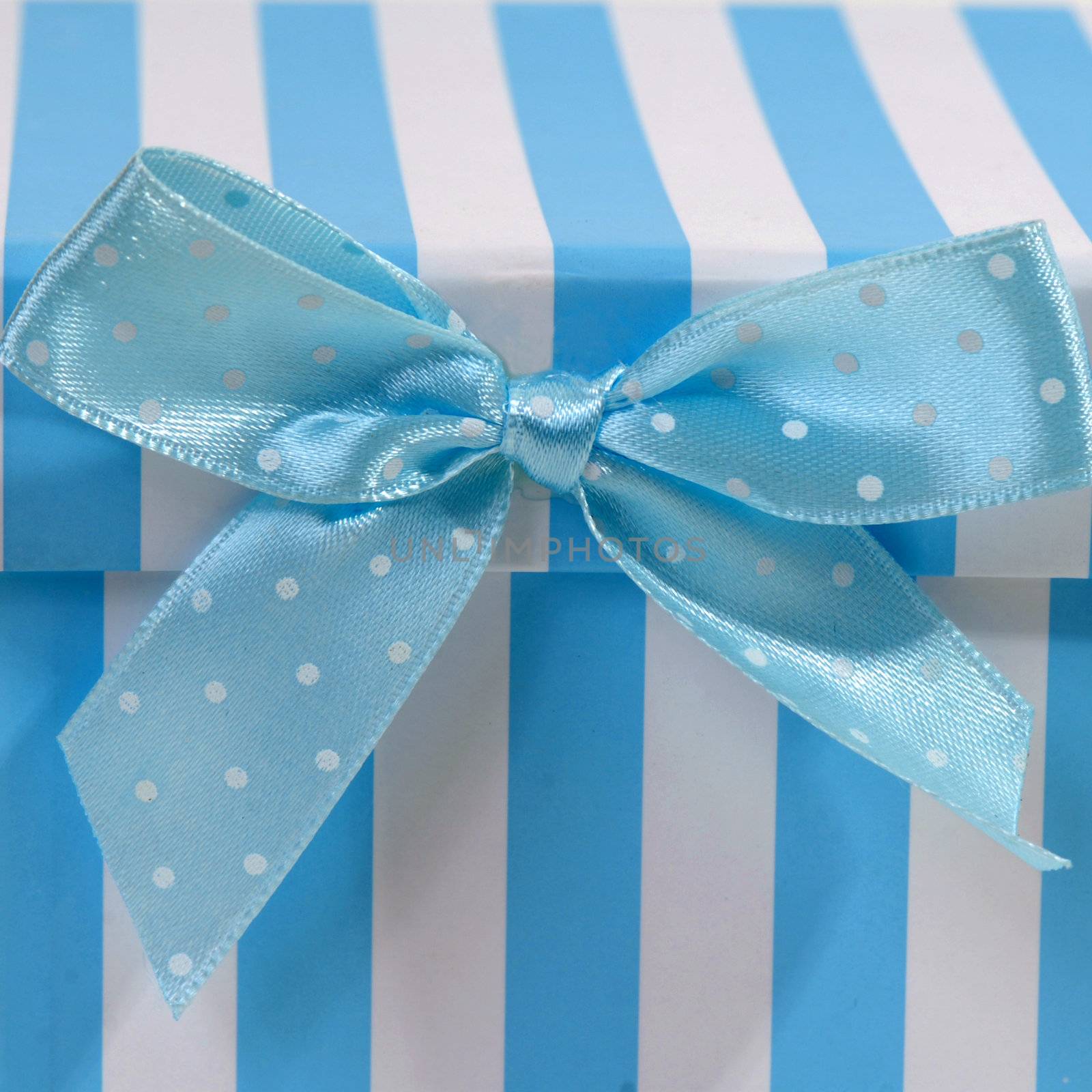 blue and white box with ribbon for gift