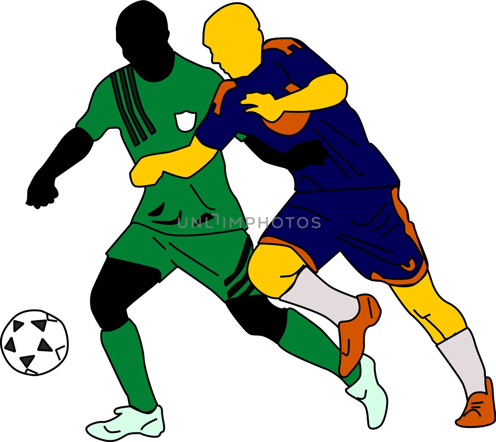 Two silhouettes of soccer players go after the ball. 