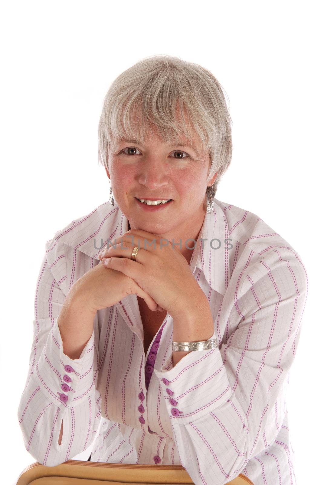 White haired older woman, casual pose