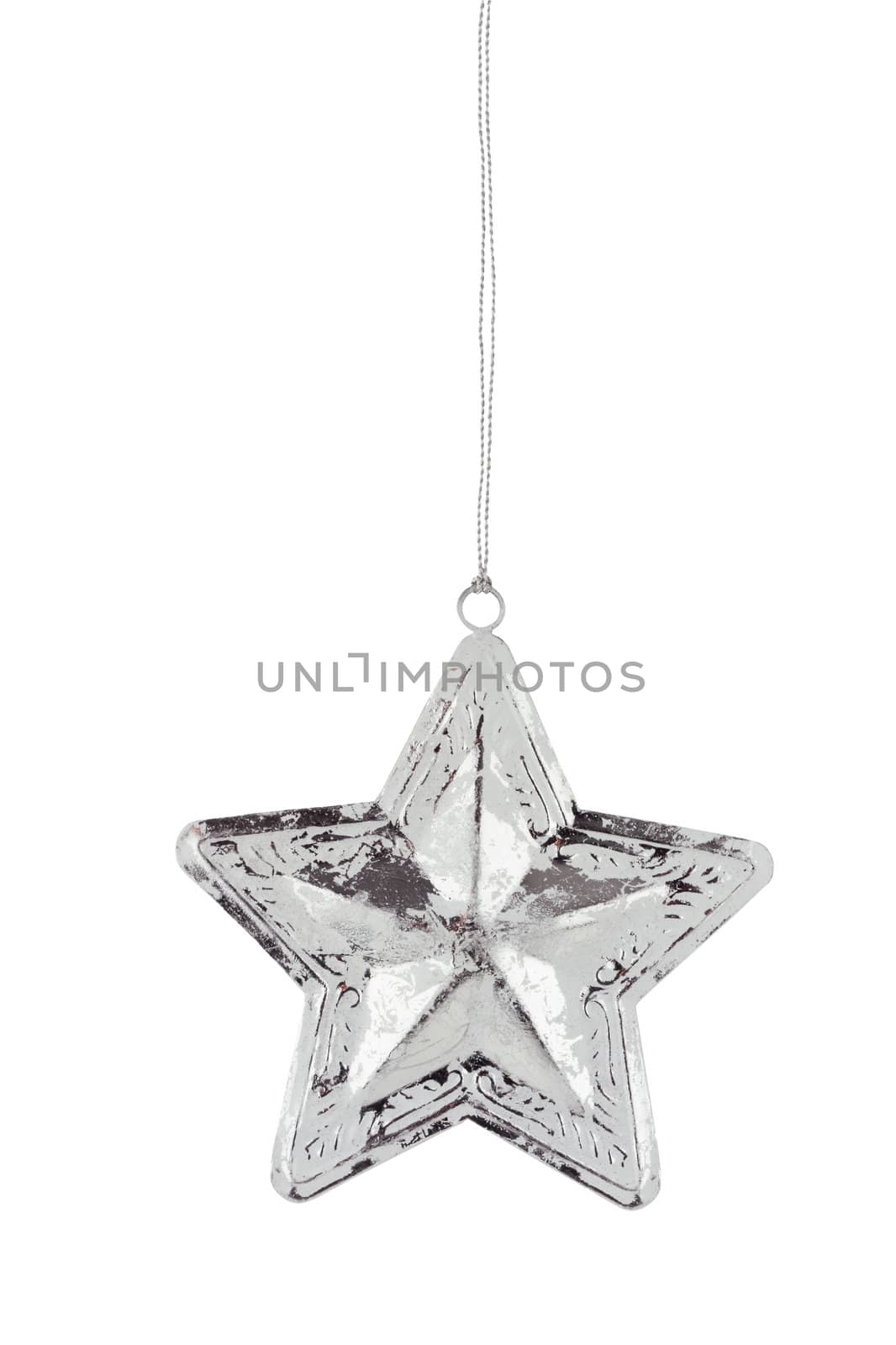 Silver Christmas star ornament isolated on a white background with clipping path included. 