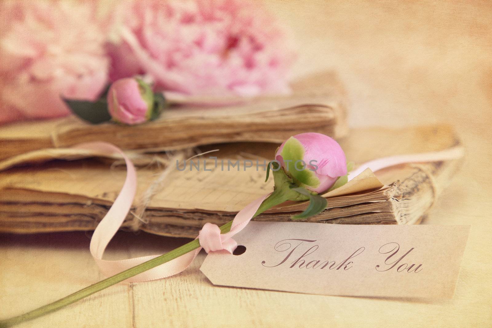 Peony flowers with vintage papers and gift card