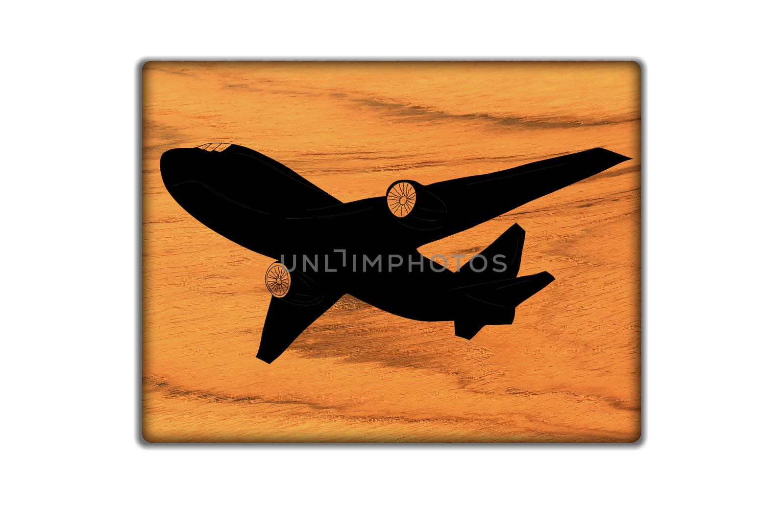 Airplane Sign icon on wood texture and background by rufous