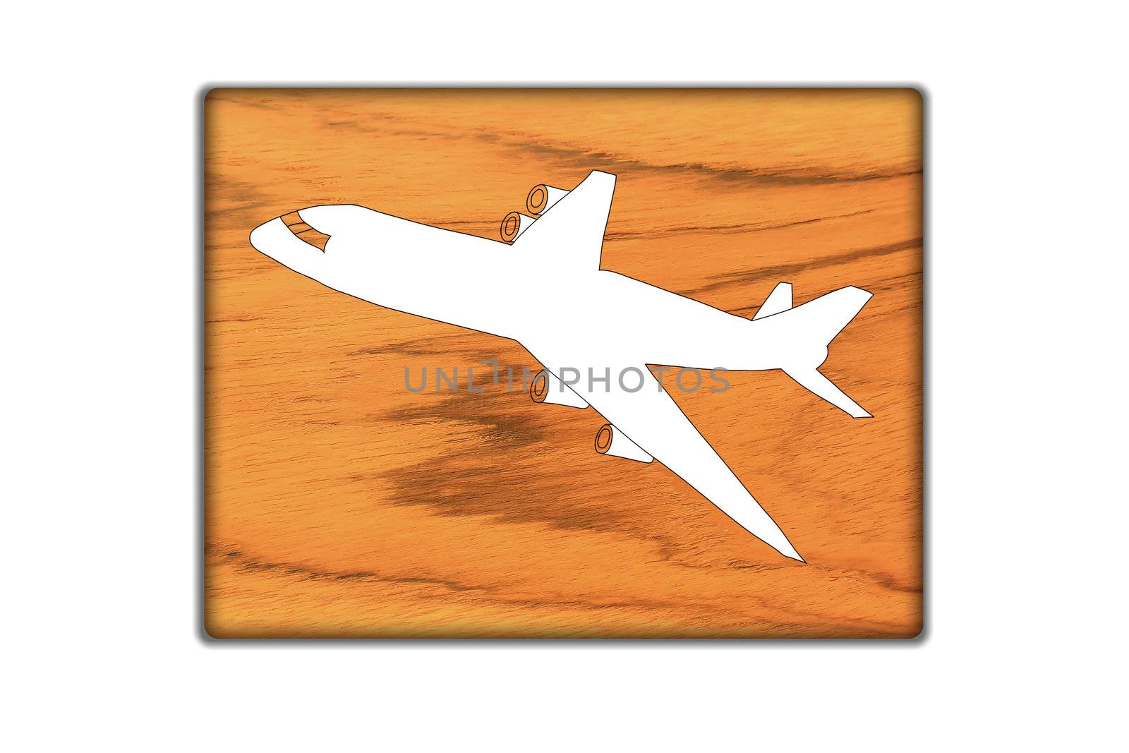 Airplane Sign icon on wood texture and background by rufous