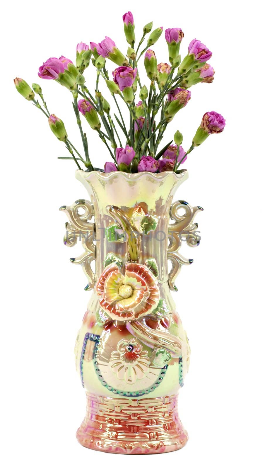 Ornate vase with pink carnations on white background