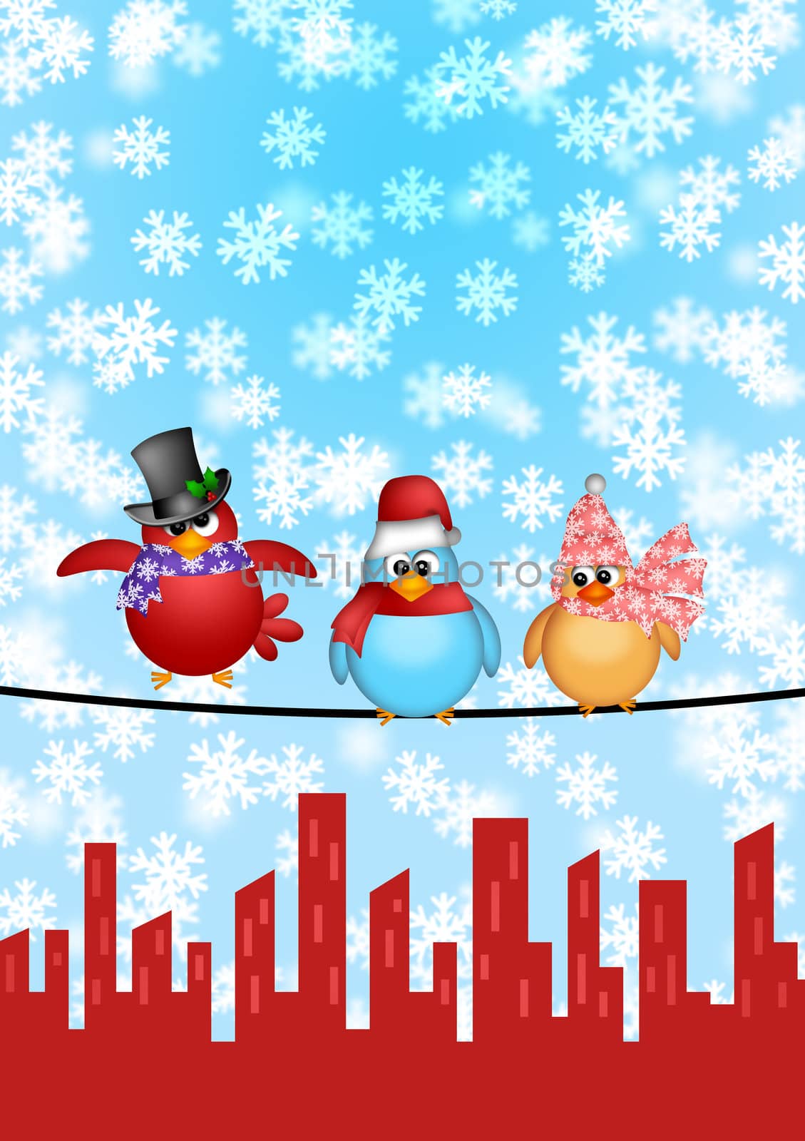 Three Birds on a Wire with Cityscape and Snowflakes Falling Christmas Scene Illustration