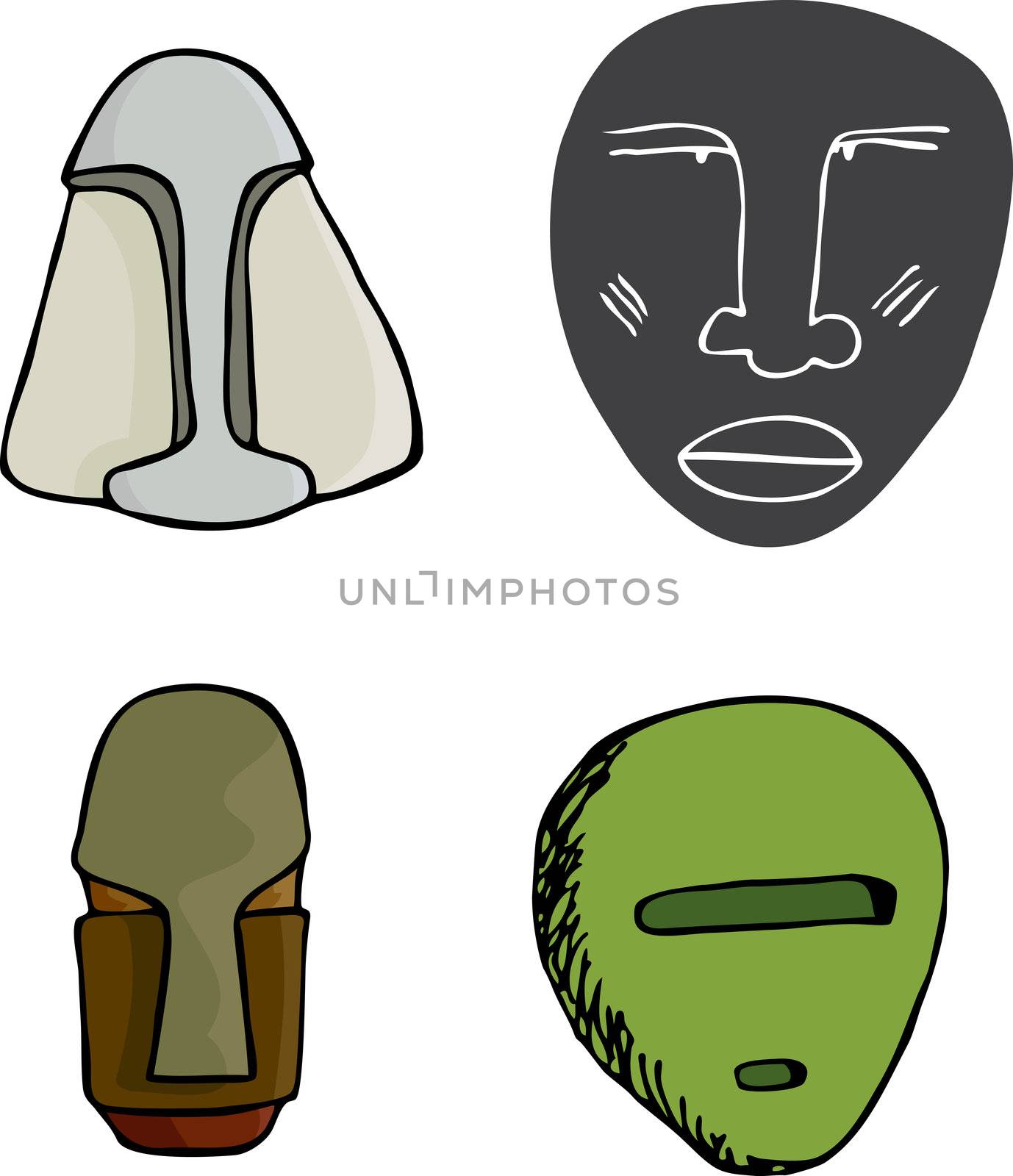 Four ancient science fiction mask illustions over white