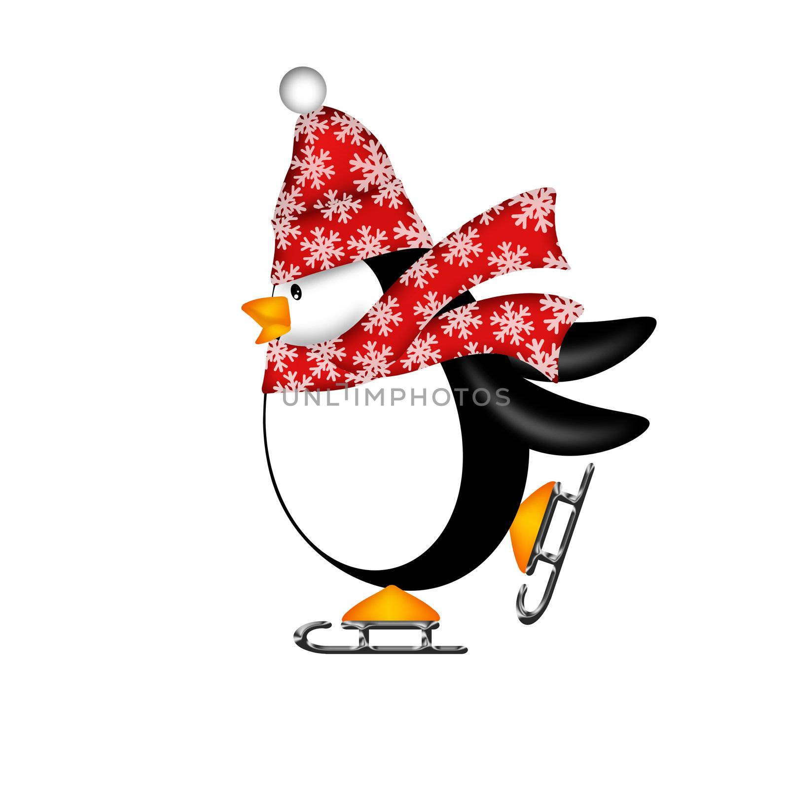 Cute Penguin with Red Scarf on Ice Skates Illustration by jpldesigns