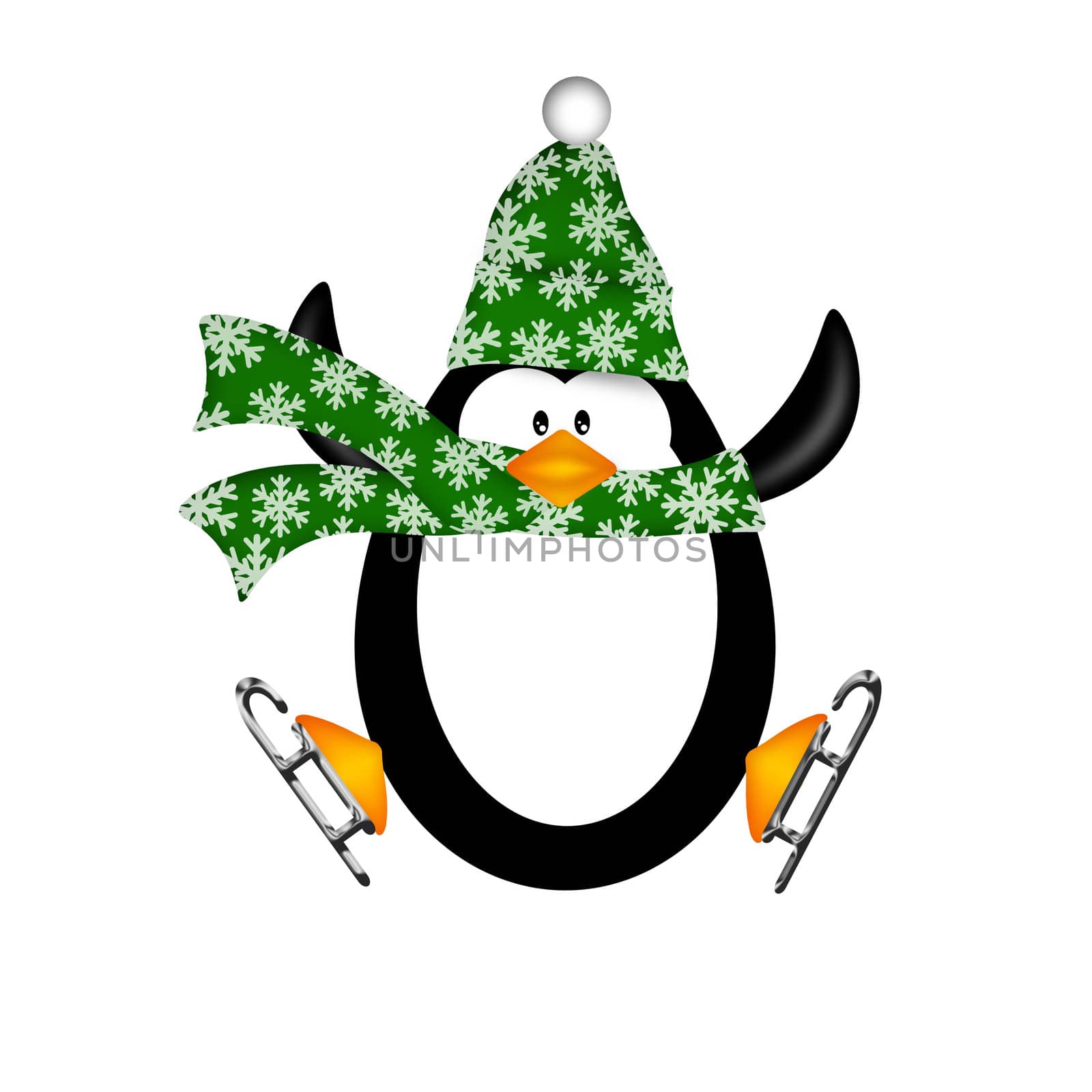 Cute Penguin with Christmas Snowflakes Scarf on Ice Skates Jumping  Illustration Isolated on White Background