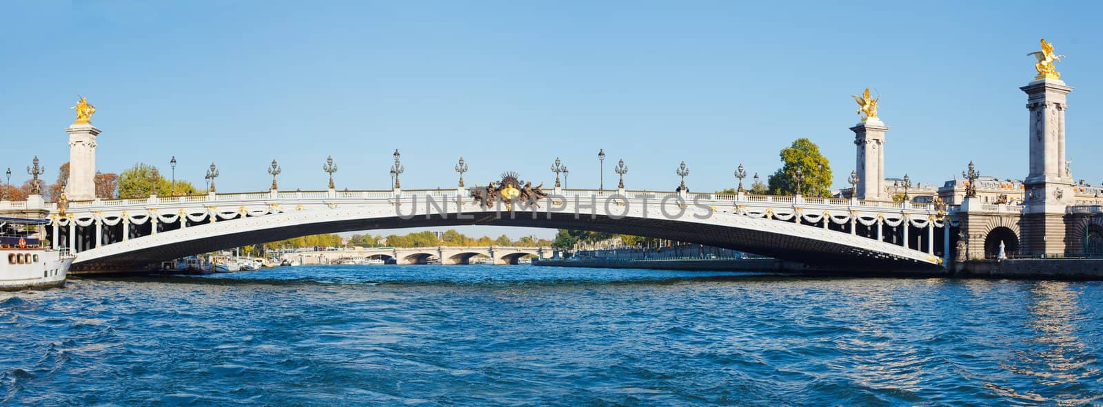 Panorama Alexander III bridge, paris, france. View from the water