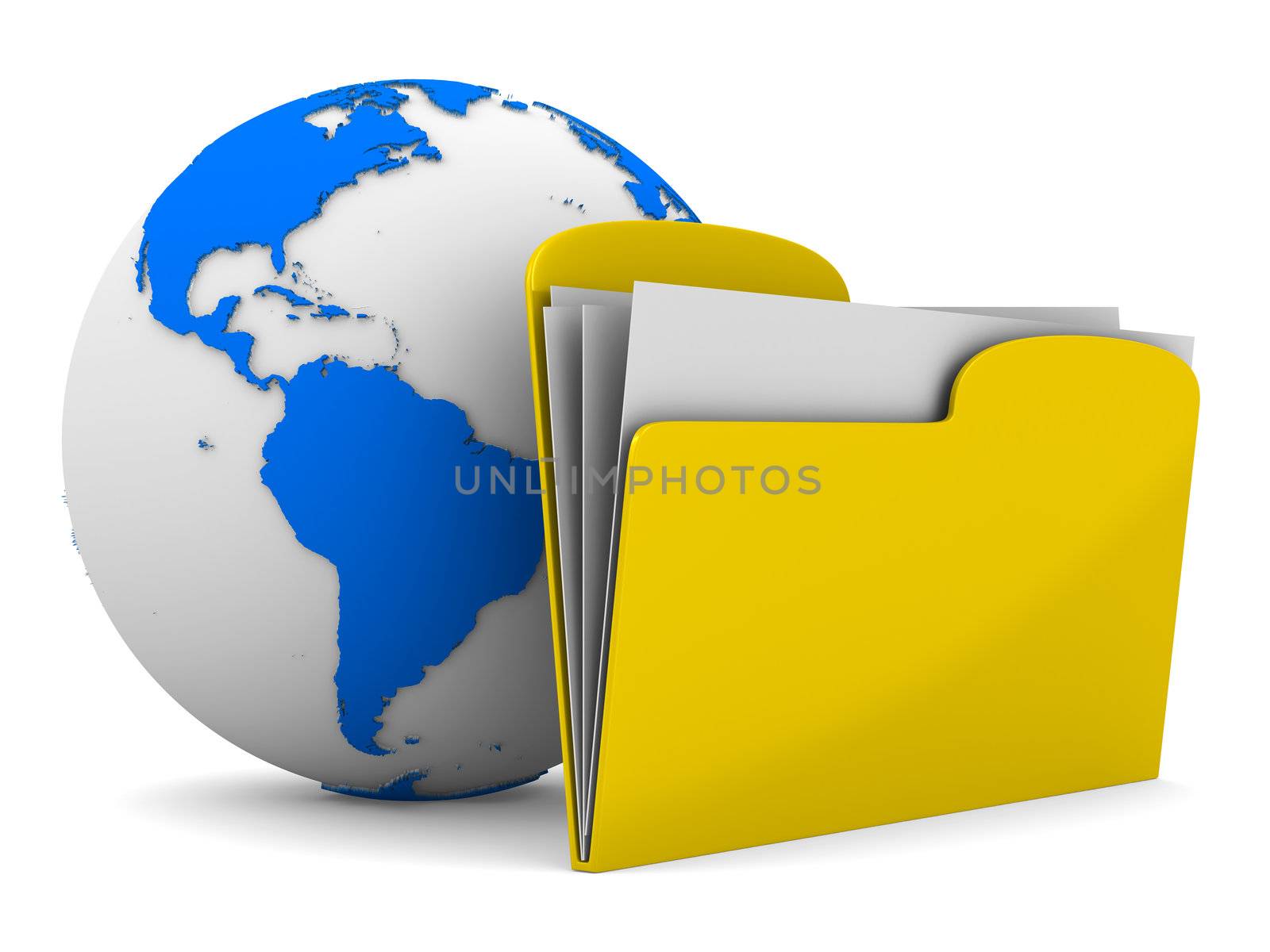 Yellow computer folder and globe on white background. Isolated 3d image