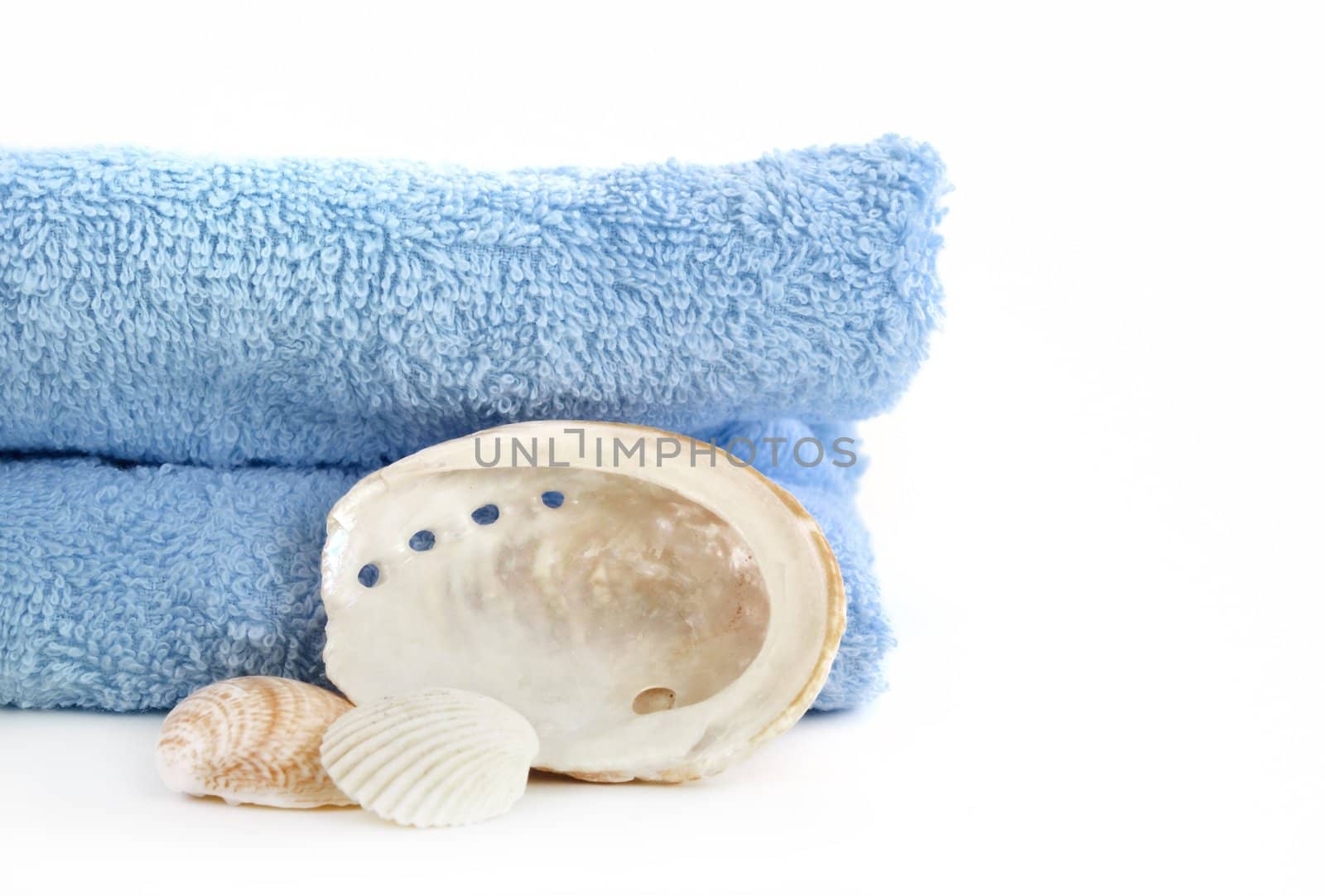blue towel and sea shell isolated on white