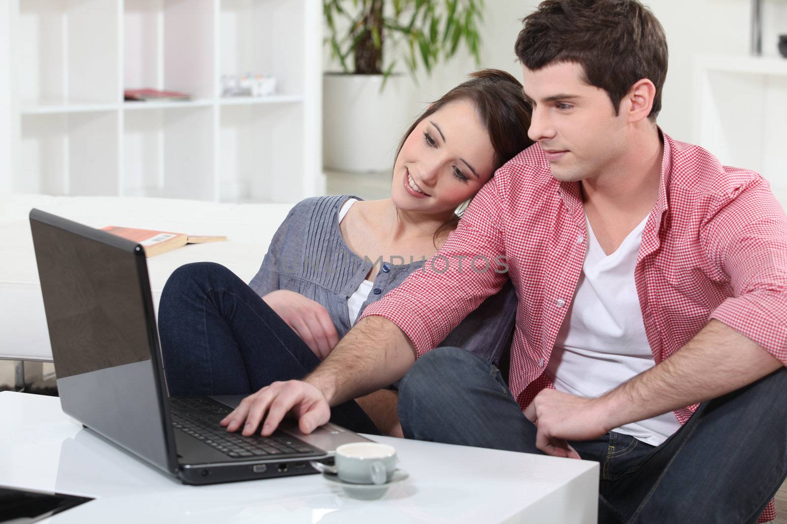 Couple relaxing at home in front of their laptop by phovoir