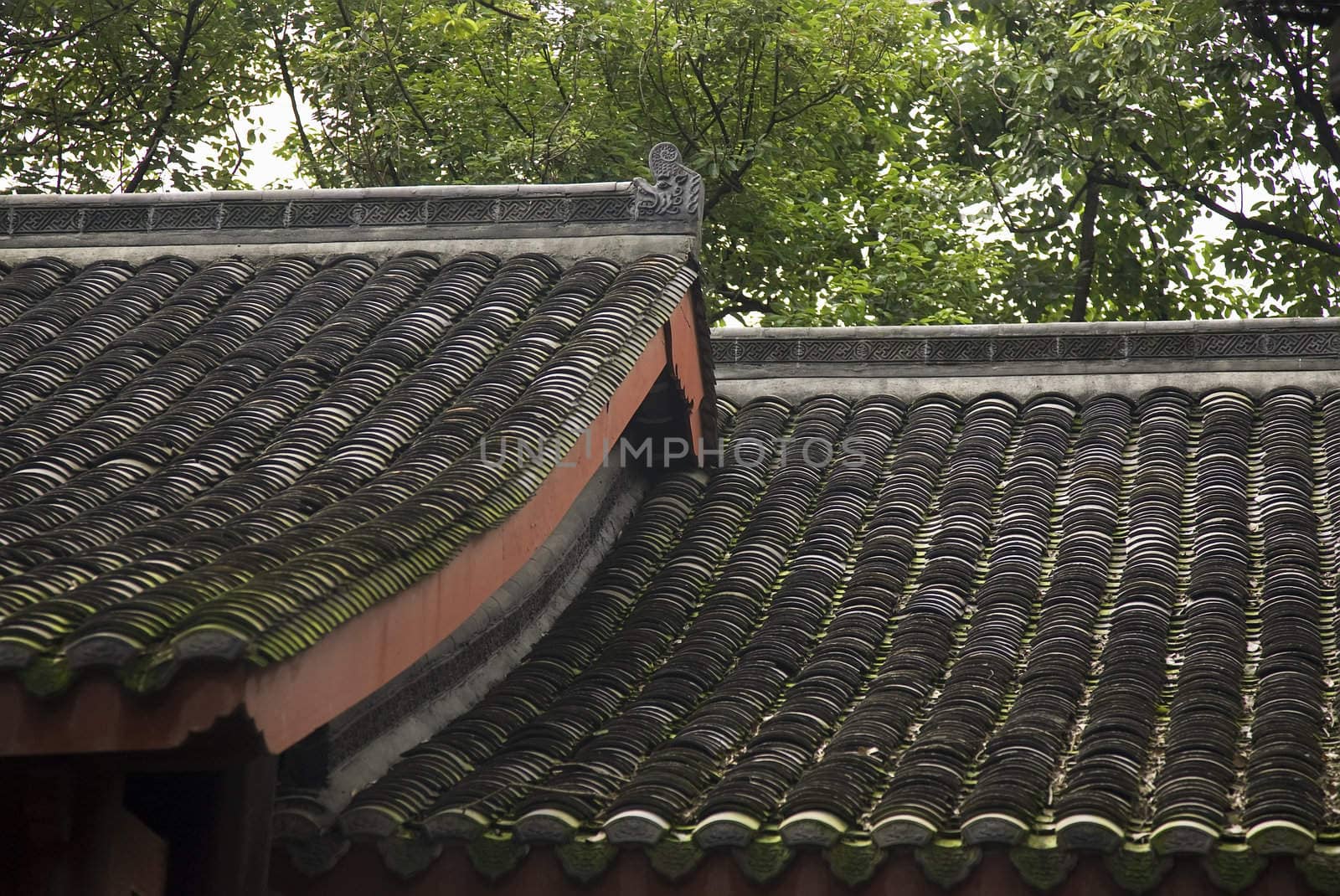 Temple Roofs Baoguang Si Shining Treasure Buddhist Temple Chengdu Sichuan China Front of Temple