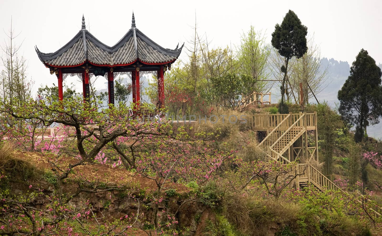 Red Pagoda, Flowers, Peach Tree Village, Chengdu, Sichuan, China