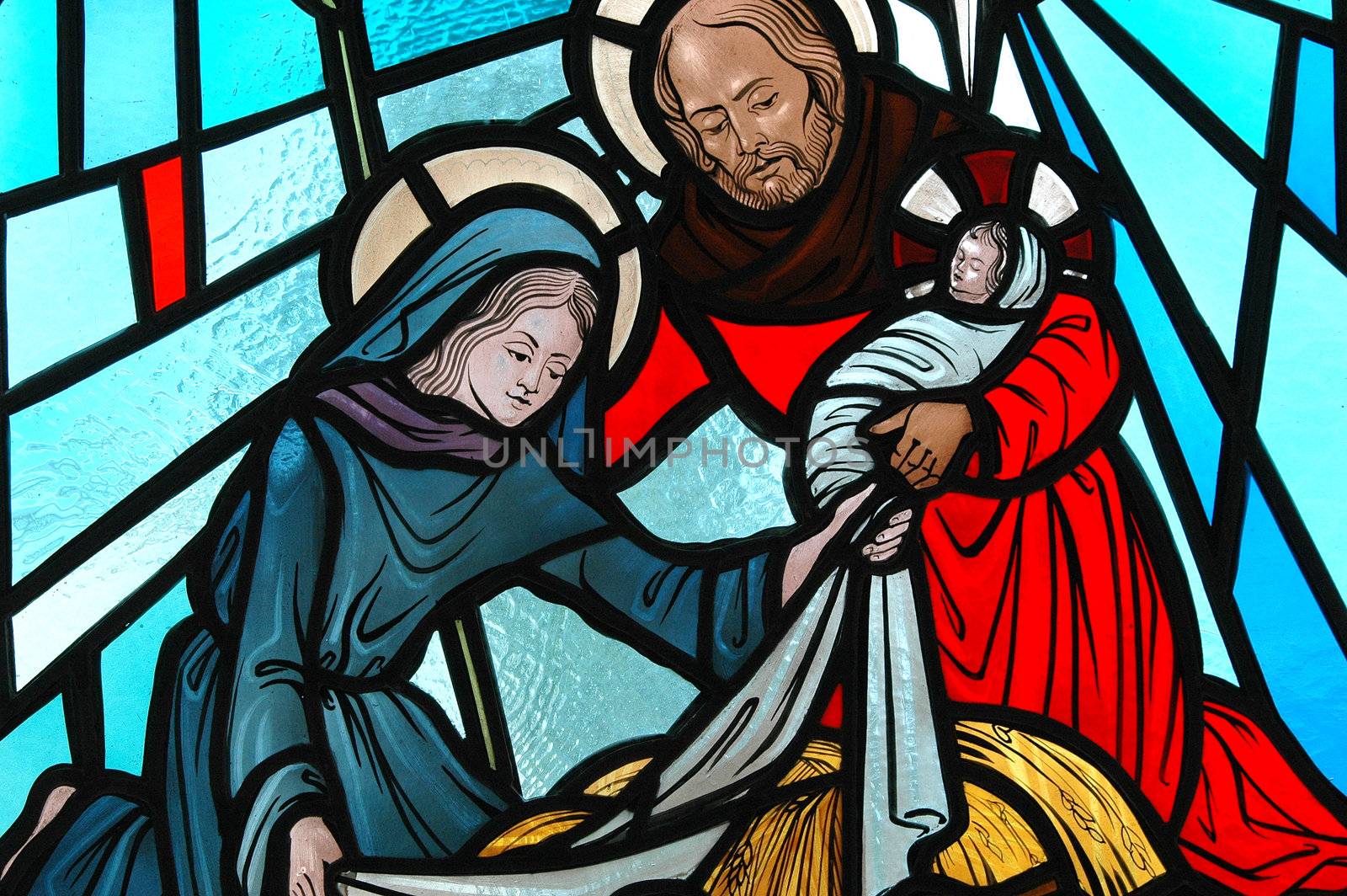 The birth of christ stained glass window.