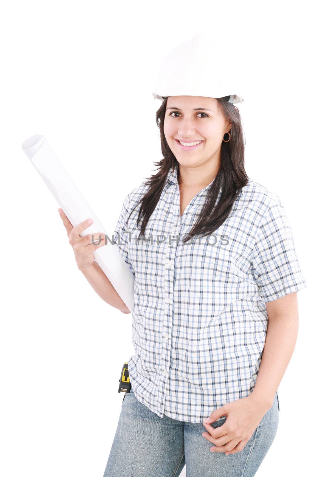 Architect wearing a helmet and smiling, isolated on white